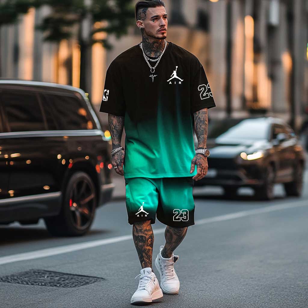 Unisex Black Red Gradient Basketball Print Oversized Streetwear Short-Sleeved T-shirt And Shorts Set