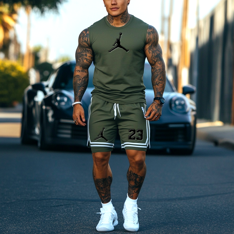 Unisex Basketball Print Inspired Olive Green Tank Top And Stripes Splicing Inner Pants Set