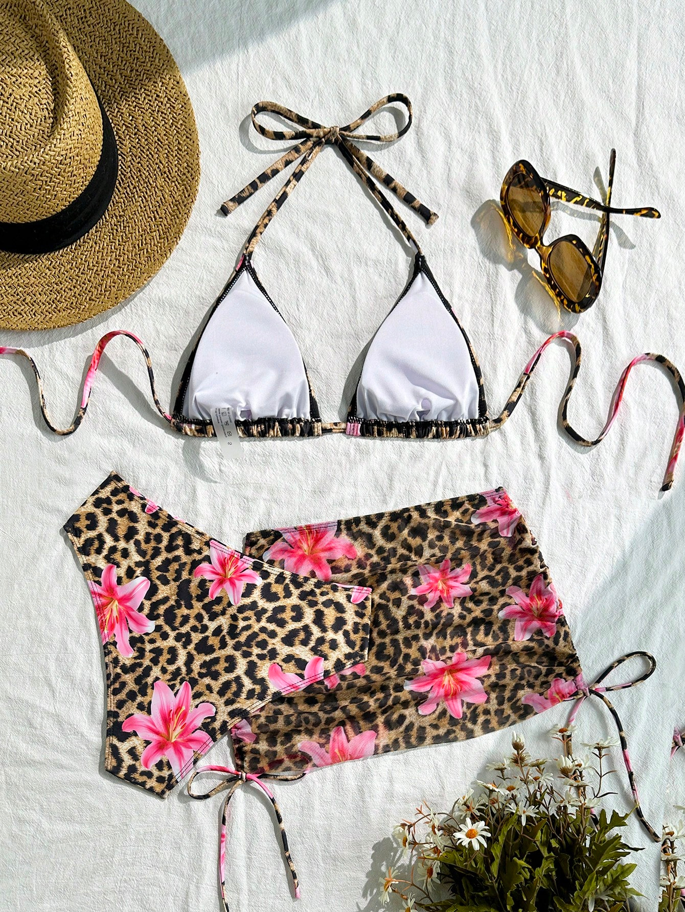 3pcs/Set Women's Sexy Leopard Print Halter Triangle Top, Mesh Sarong And Self-Tie Side Bikini Swimsuit