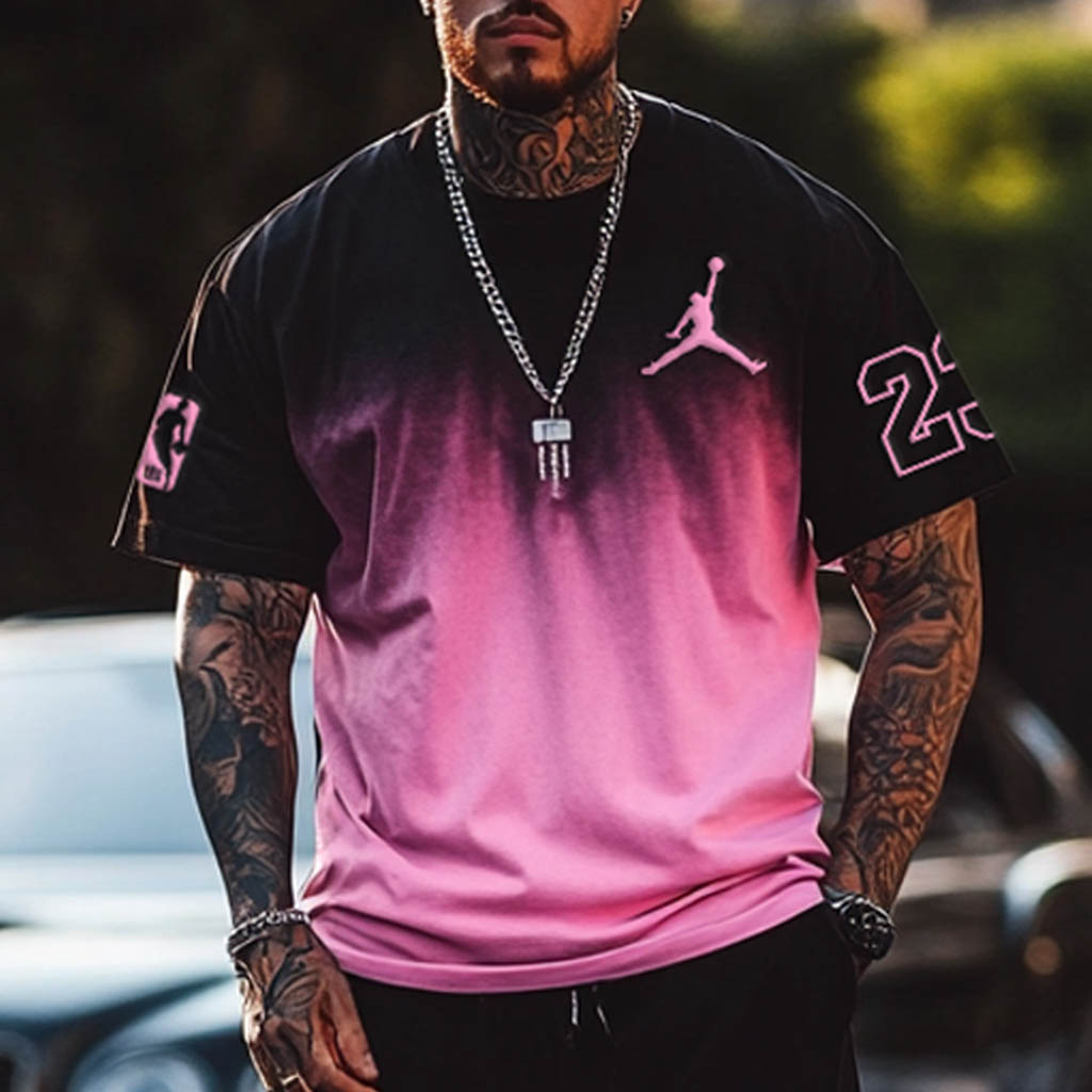 Unisex Basketball Print Black And Pink Gradient Oversized Streetwear Short-Sleeved T-shirt And Shorts Set