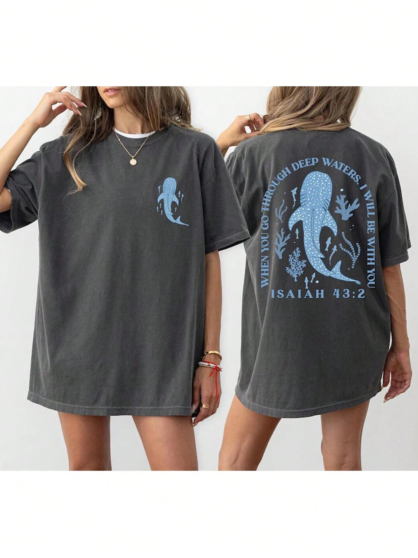 Women Loose Fit Round Neck Whale Slogan Contrast Color Graphic T-Shirt
