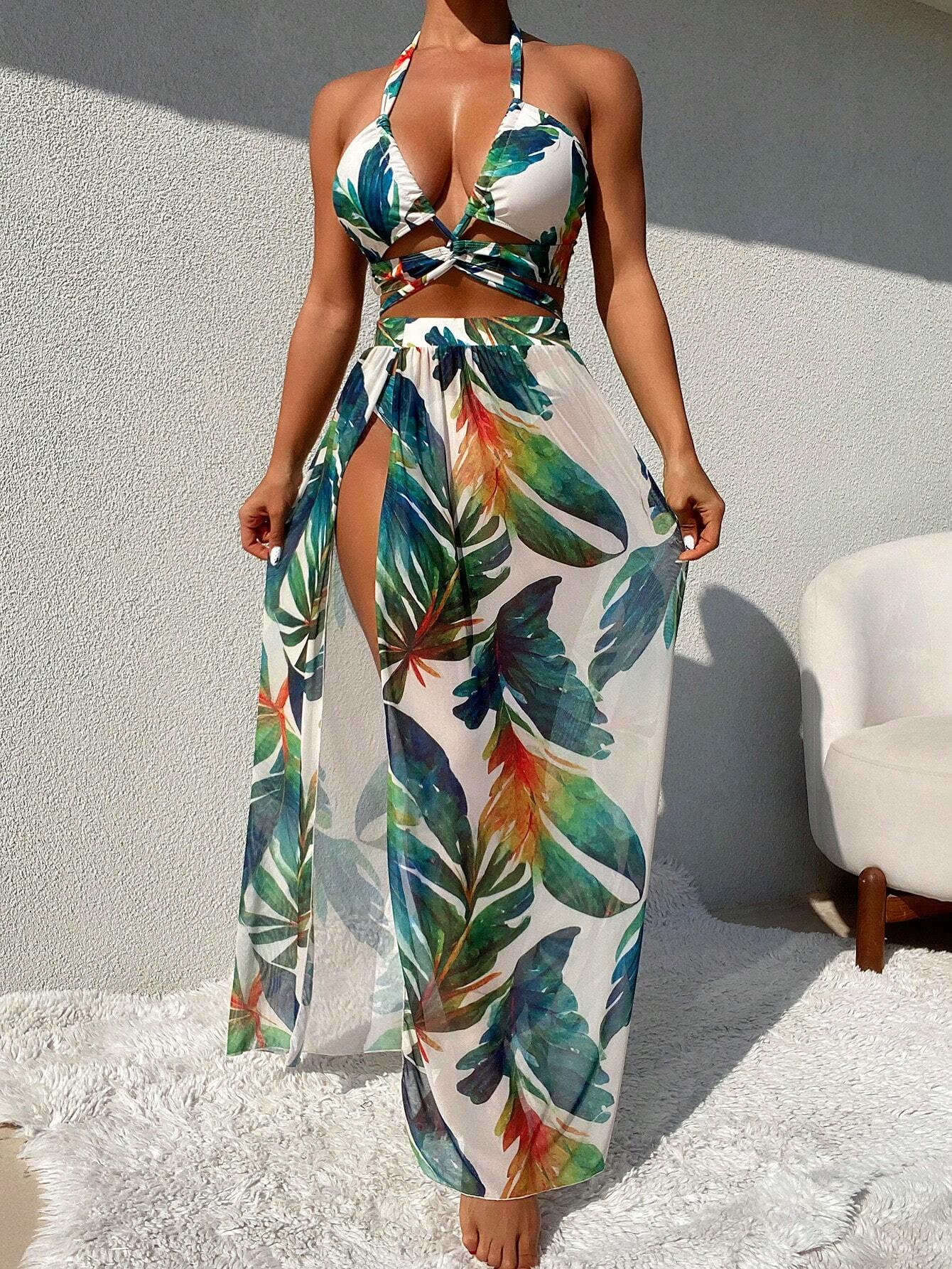 Women's three-piece random print backless high waist bikini set