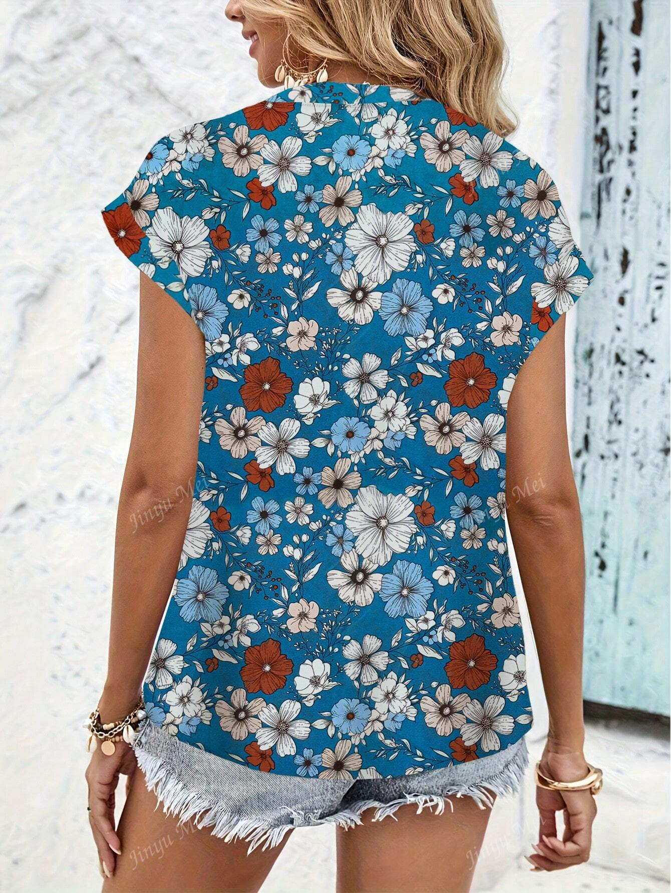 Women's Floral Print V-Neck Batwing Sleeve Casual Vacation Blouse
