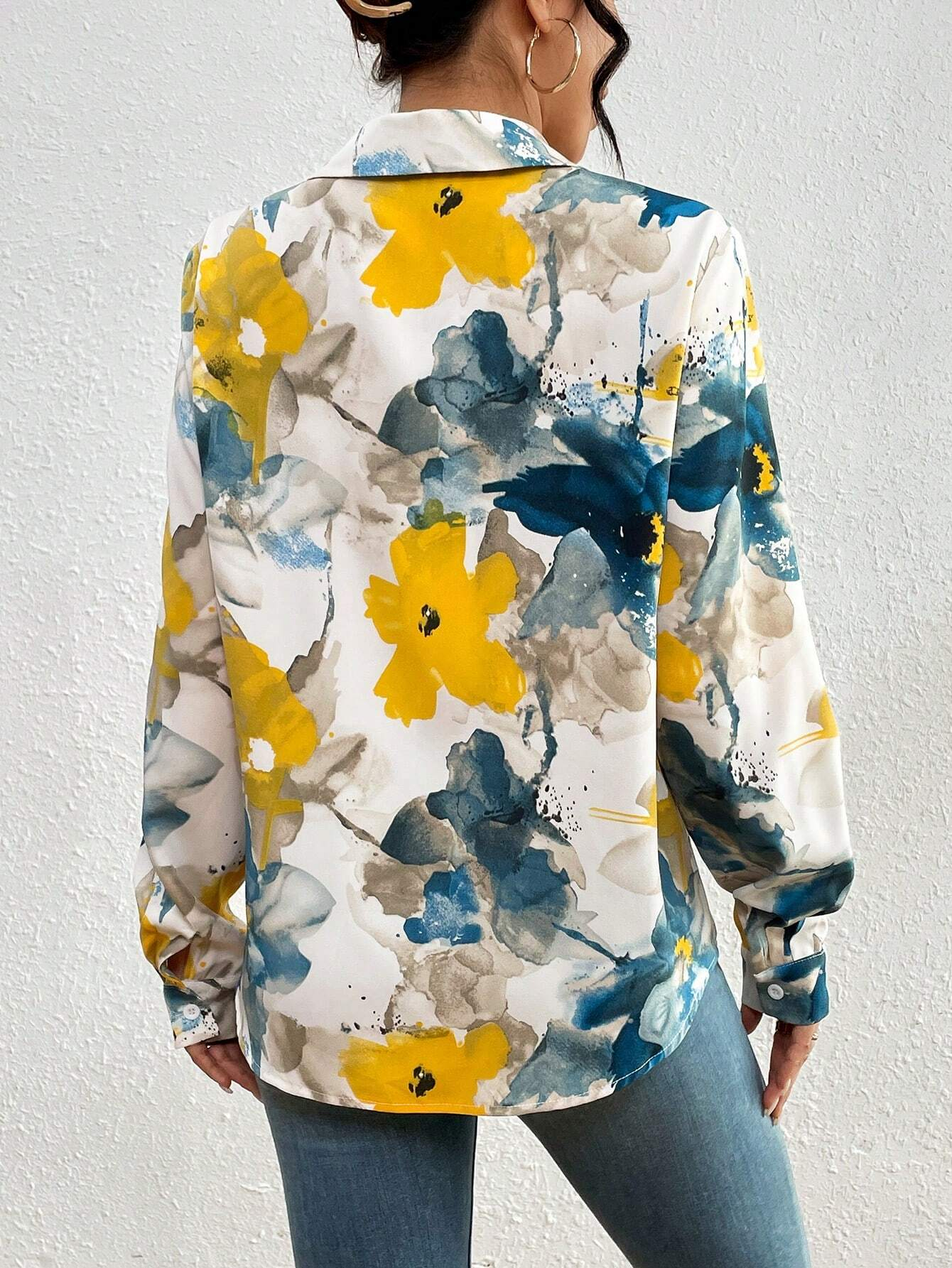 Elegant Commuter Ink Floral Print Open Front Shirt