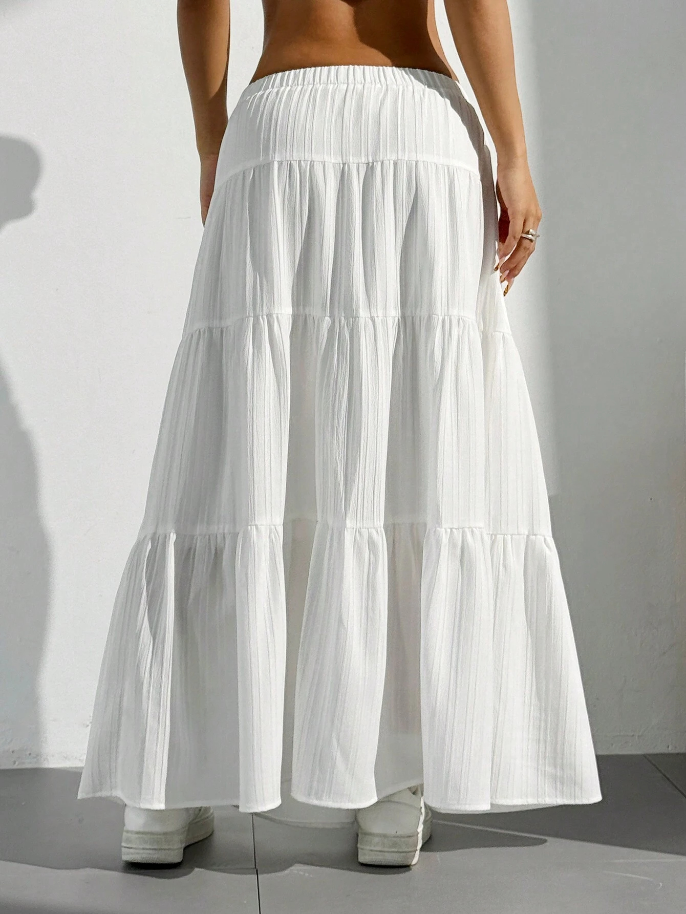 Women Solid Color High Waist Tie Ruffled Hem Maxi Skirt