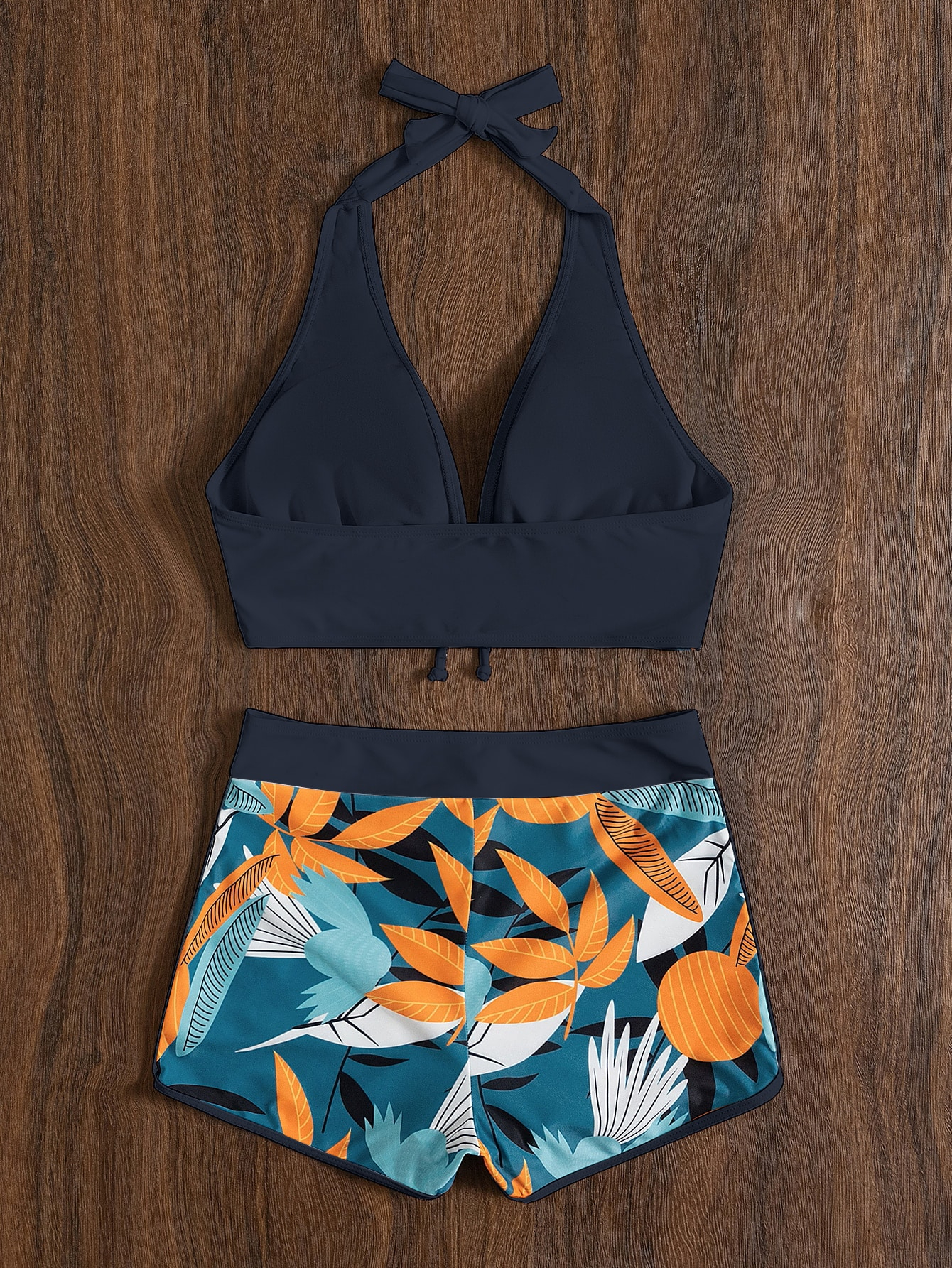 Summer Beach Random Leaf Print Bikini Set Tie Front Halter Bra & Dolphin Shorts 2 Piece Bathing Suit