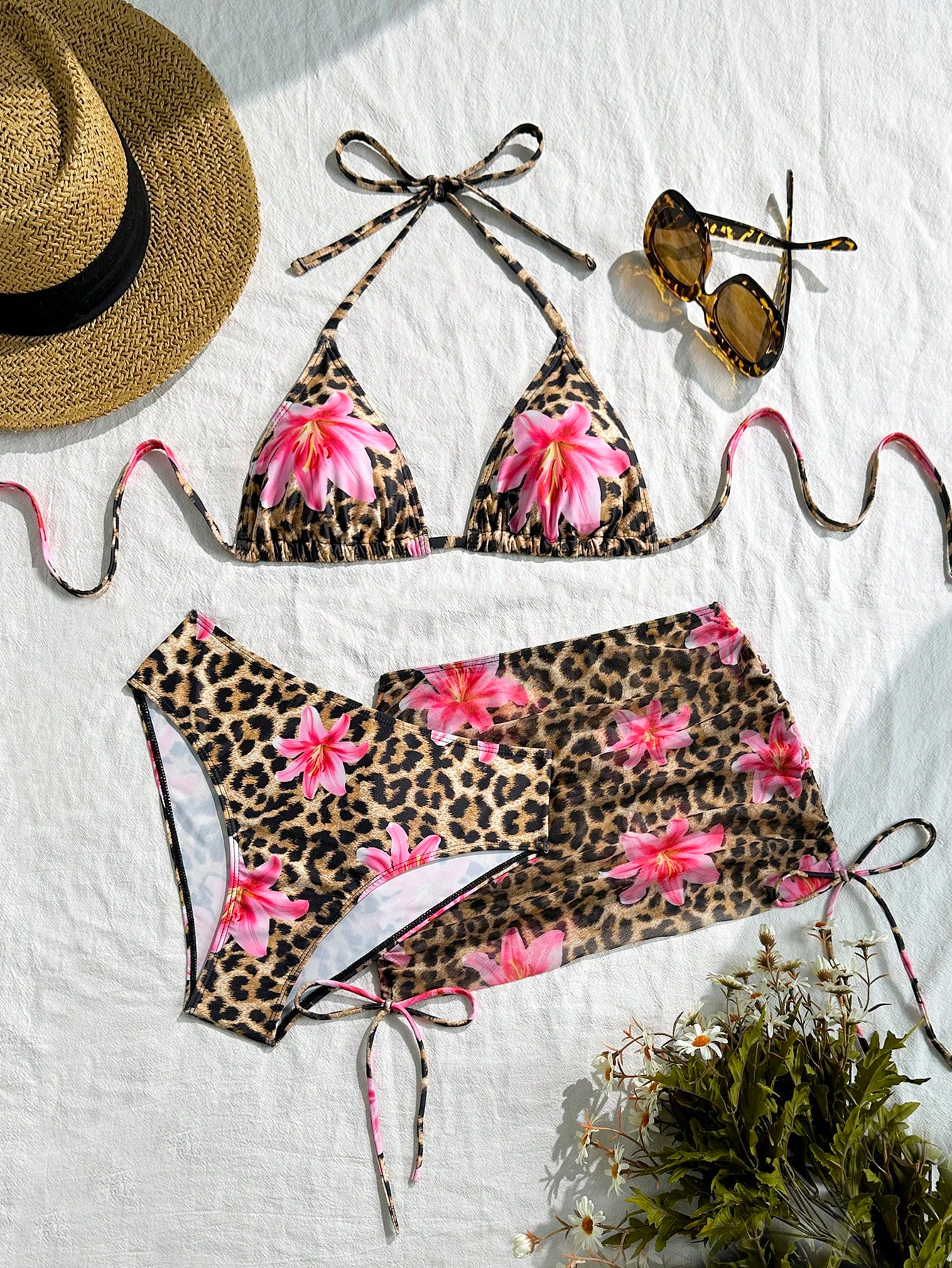 3pcs/Set Women's Sexy Leopard Print Halter Triangle Top, Mesh Sarong And Self-Tie Side Bikini Swimsuit