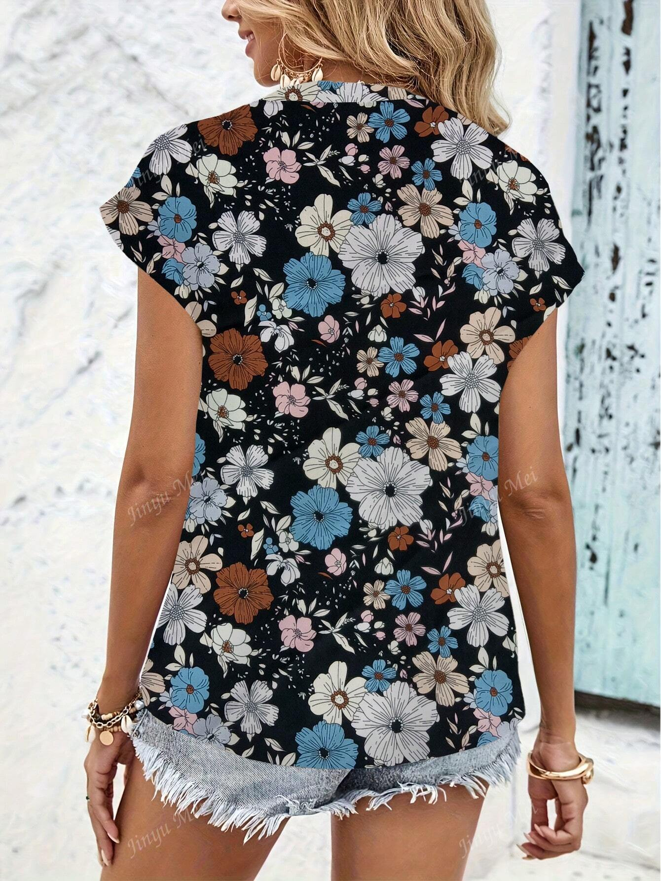 Women's Floral Print V-Neck Batwing Sleeve Casual Vacation Blouse