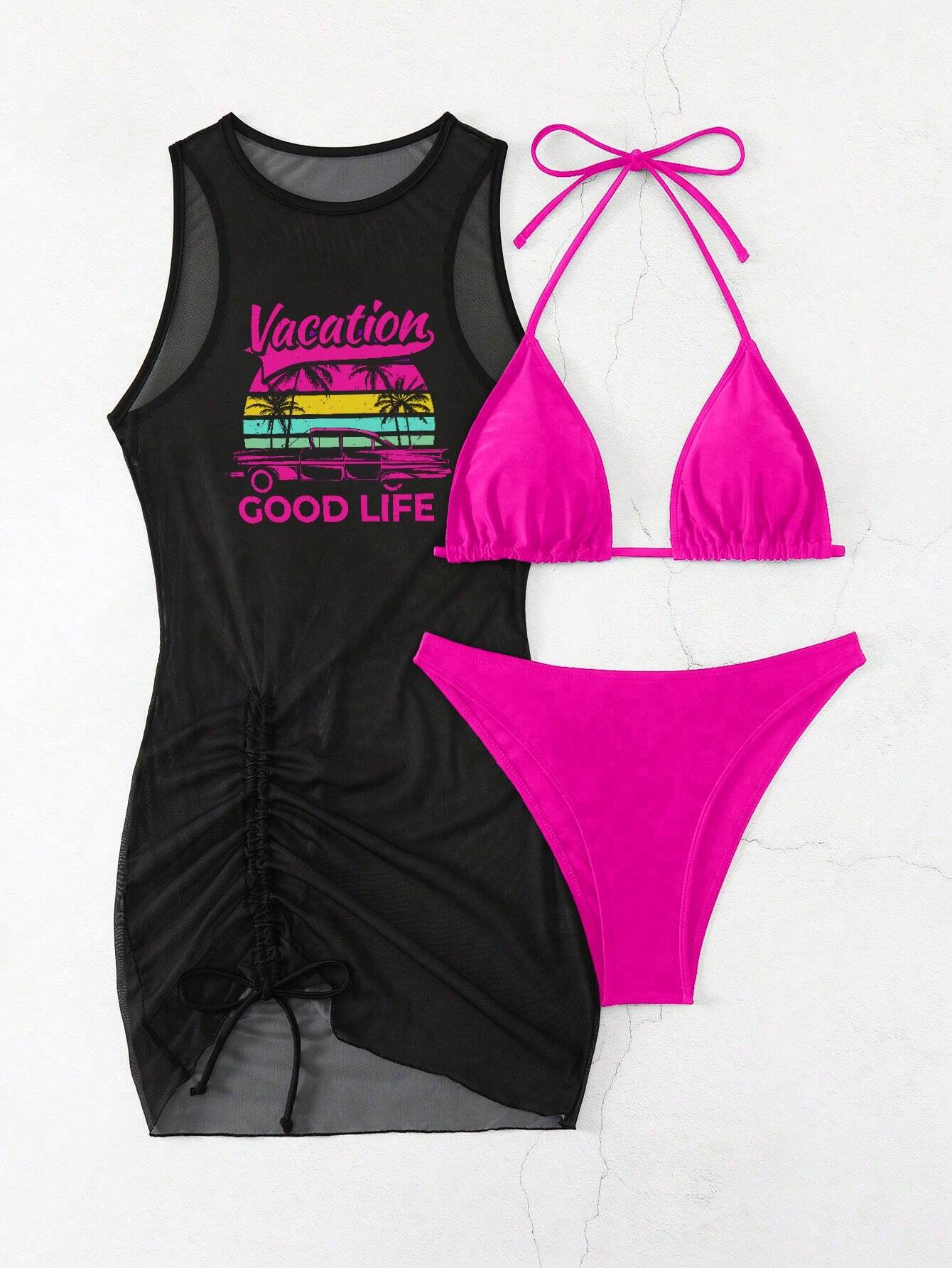 Women Beach Print Cover-Up, Bra And Briefs Bikini Set 