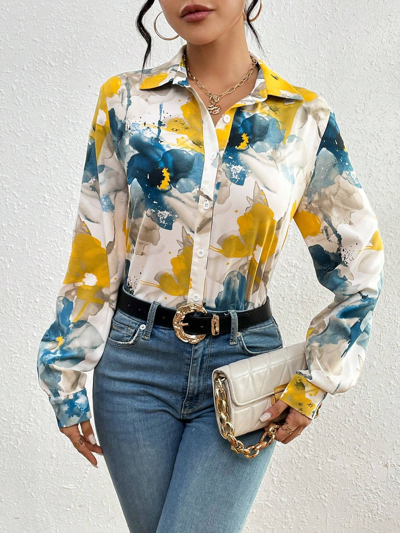 Elegant Commuter Ink Floral Print Open Front Shirt