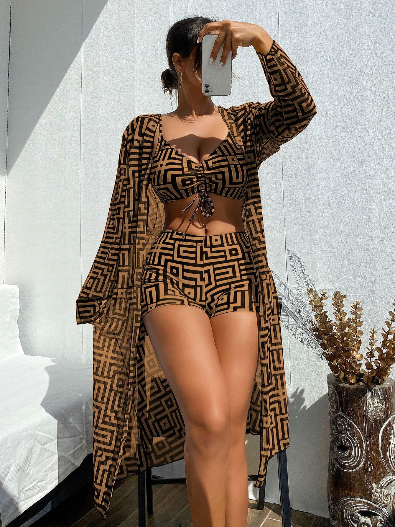 Women's Bikini Set With Random Printed Cover-Up, 3pcs/Set 