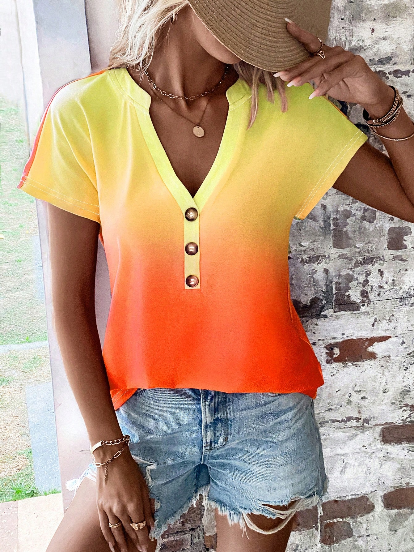 Ombre Button Detail Batwing Sleeve Tee