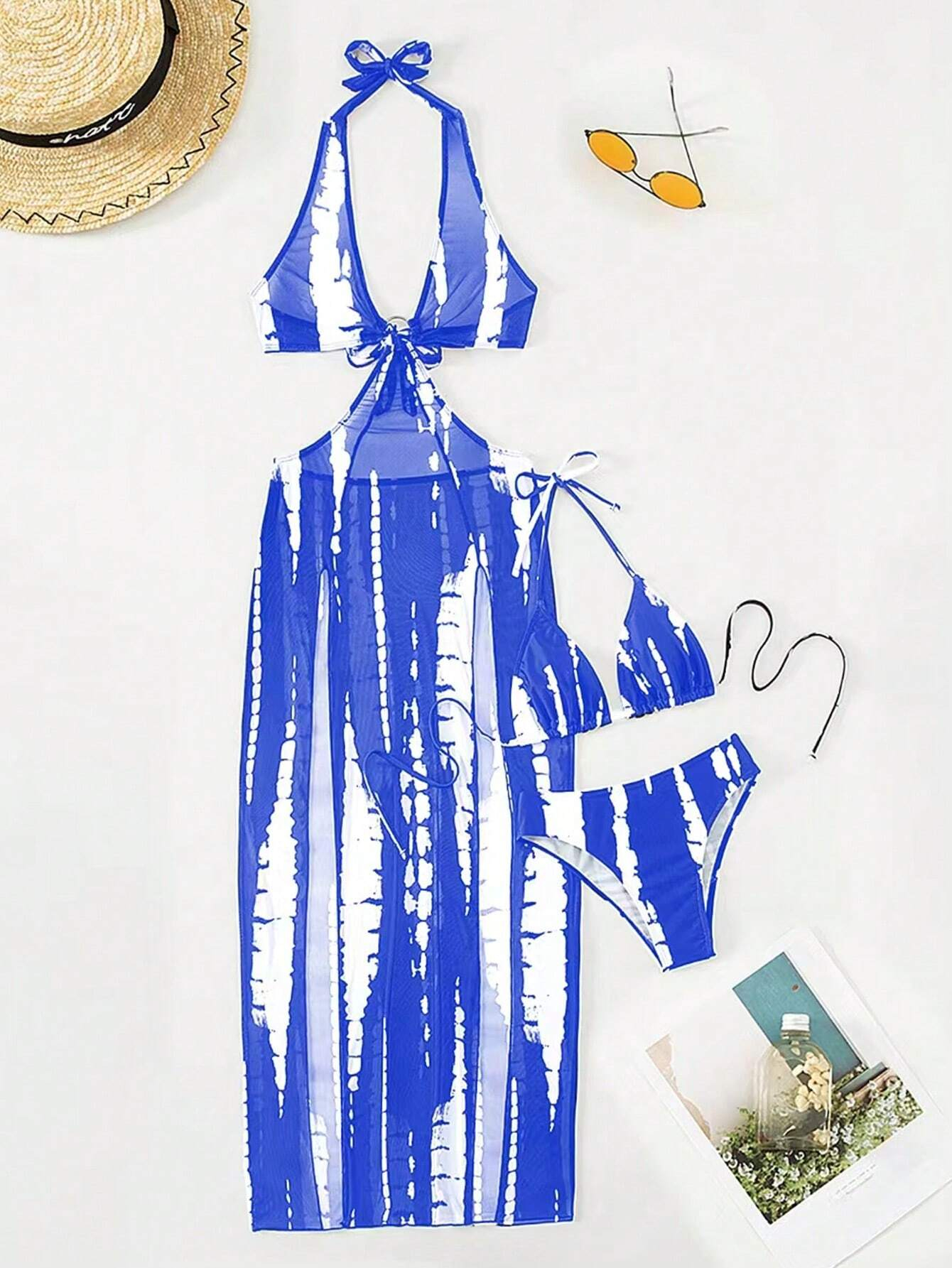  Swim Color-Block Halter Bikini Set & Dress