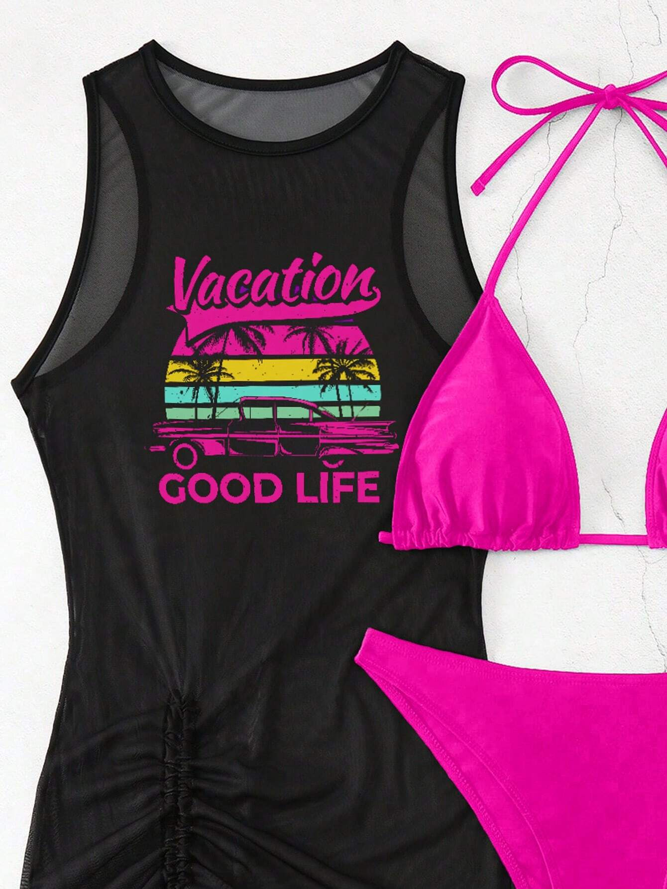 Women Beach Print Cover-Up, Bra And Briefs Bikini Set 