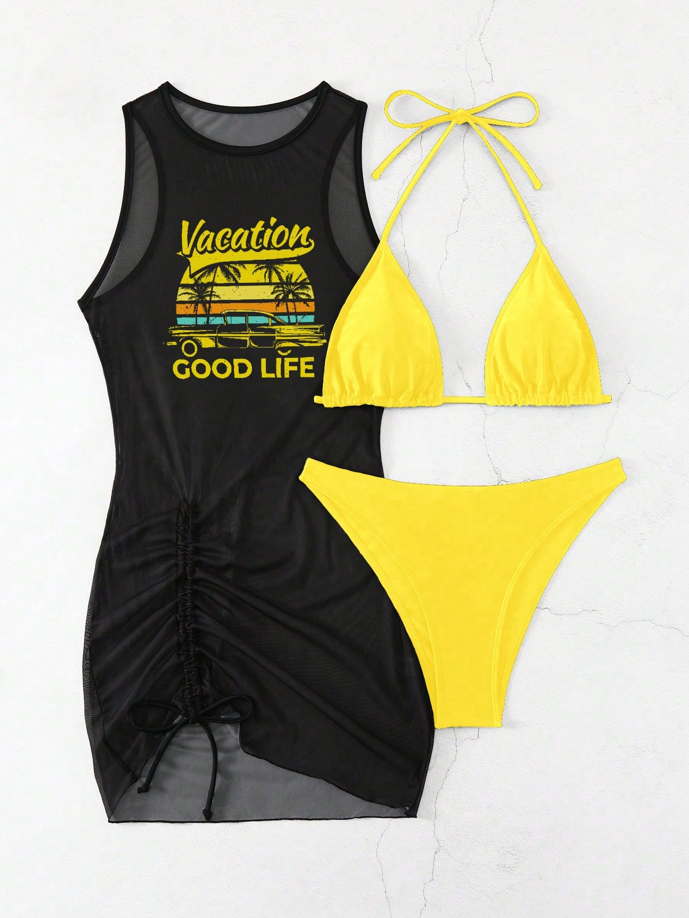 Women Beach Print Cover-Up, Bra And Briefs Bikini Set 