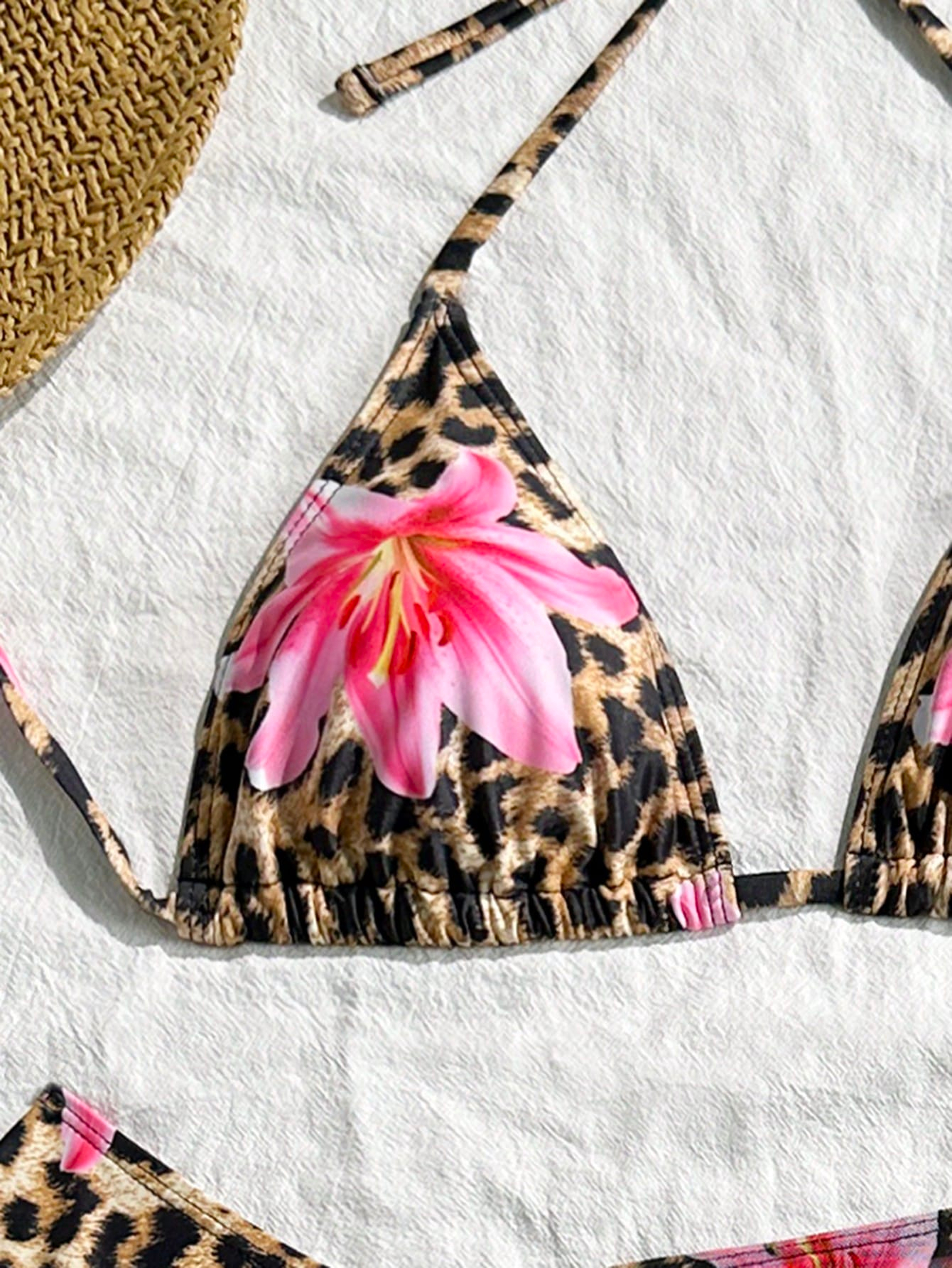 3pcs/Set Women's Sexy Leopard Print Halter Triangle Top, Mesh Sarong And Self-Tie Side Bikini Swimsuit