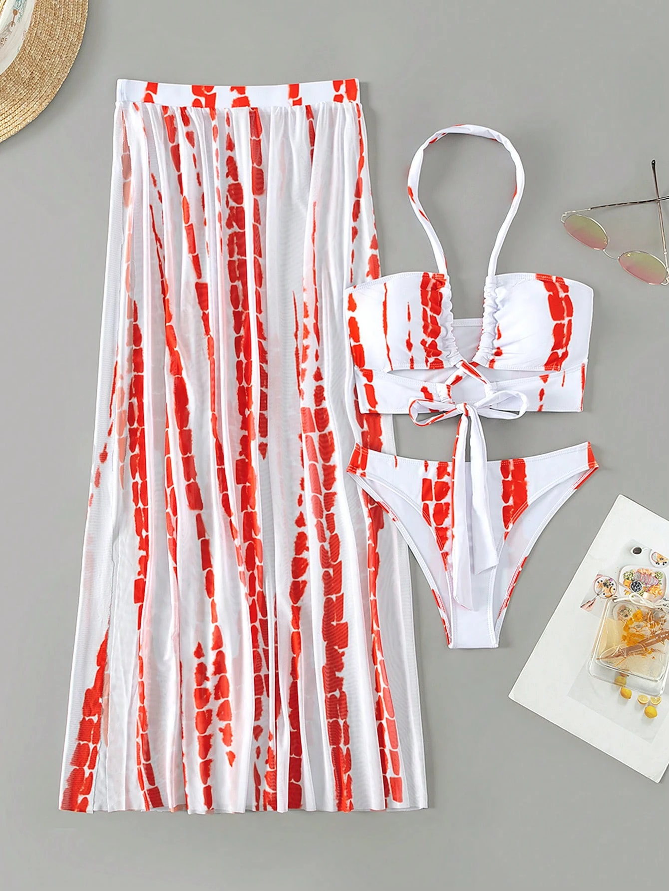 Swim Summer Beach Tie Dye Halter Bikini Set With Beach Skirt