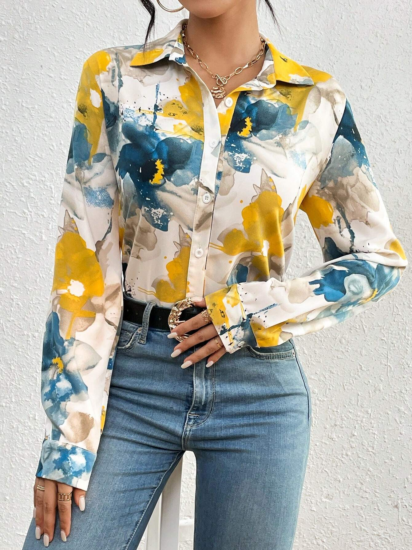 Elegant Commuter Ink Floral Print Open Front Shirt