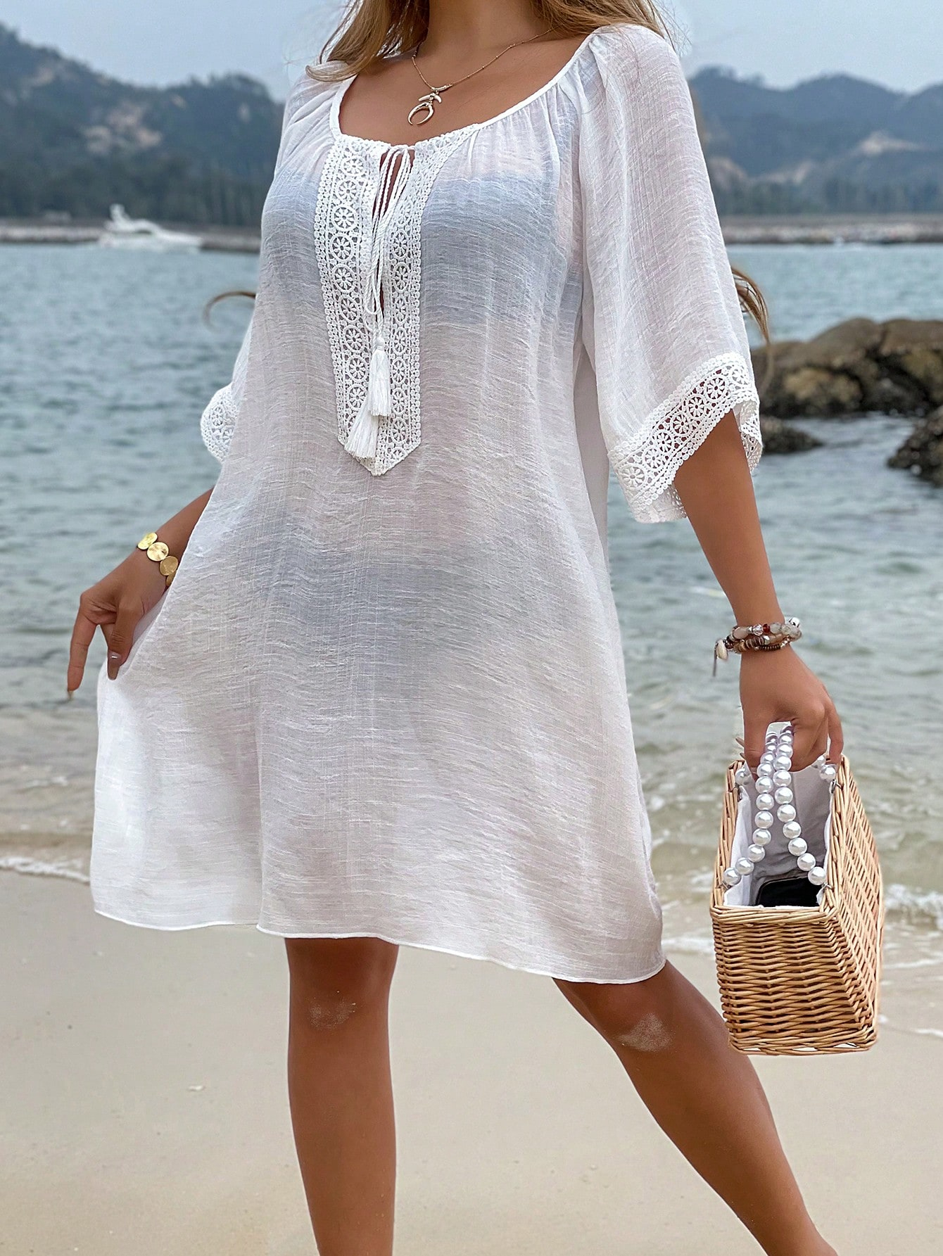 Swim Summer Outfits For Women Tassel Tie Neck Contrast Lace Cover Up Dress Without Bikini 