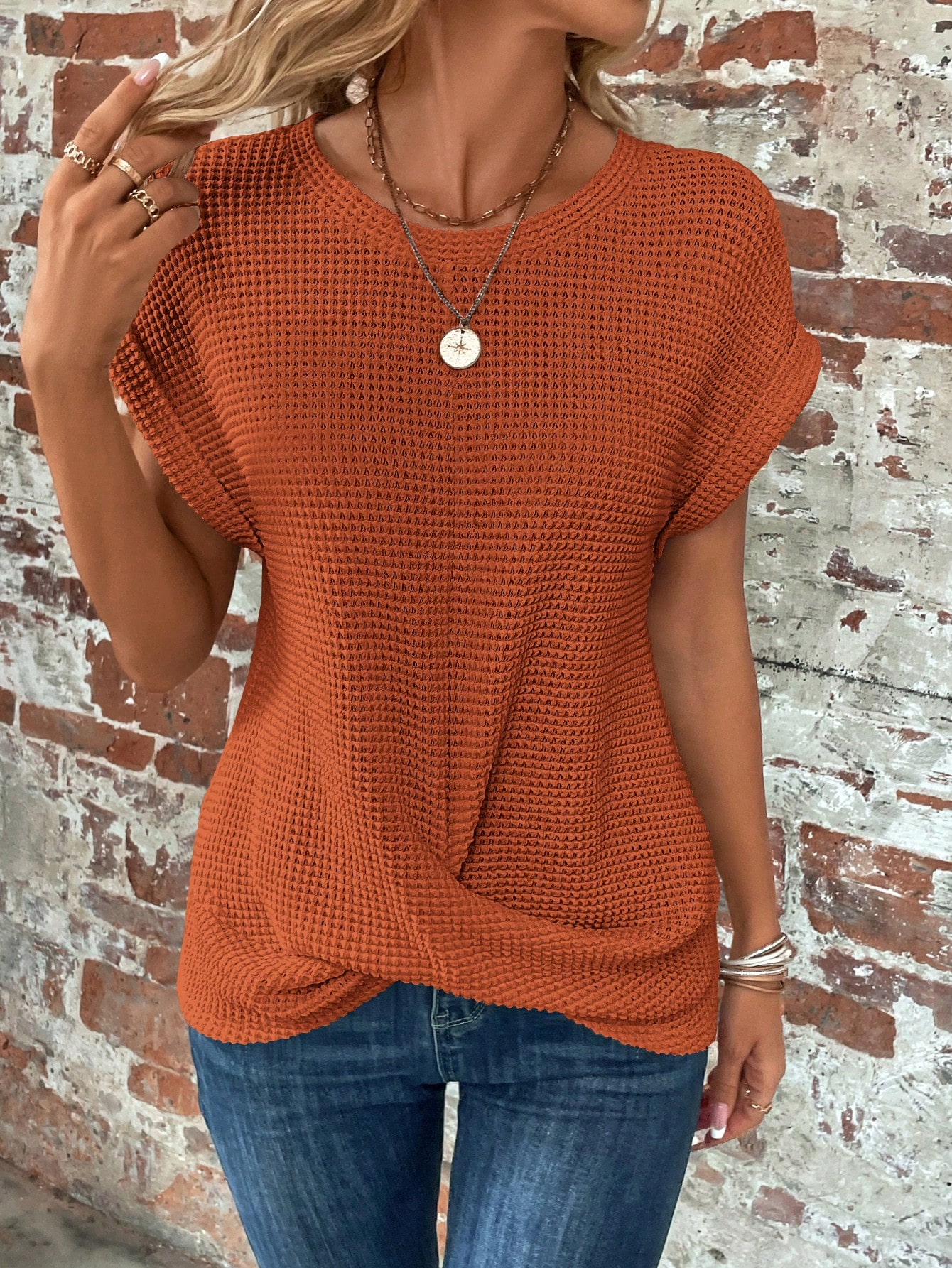 Solid Batwing Sleeve Cross Wrap Hem Tee