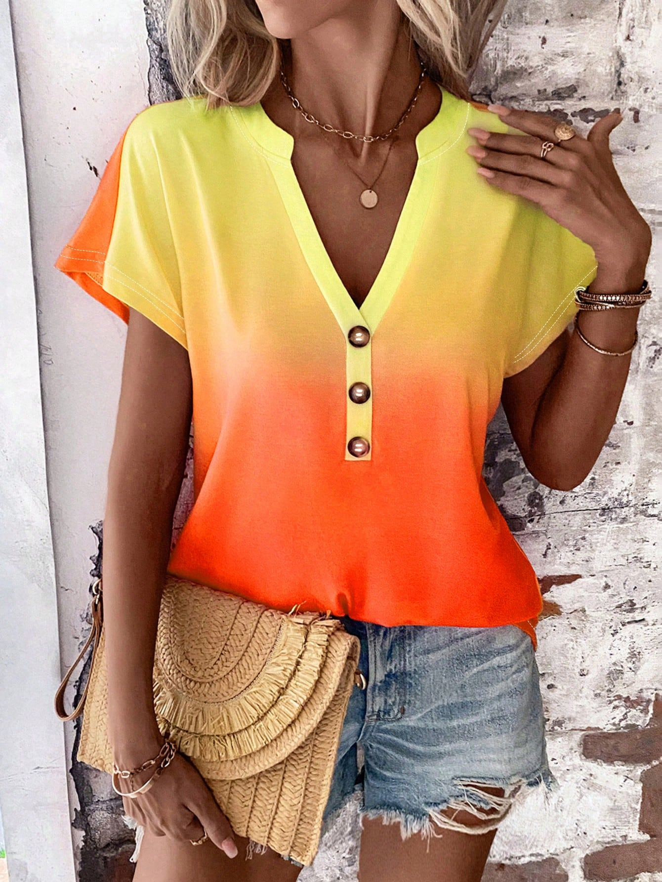 Ombre Button Detail Batwing Sleeve Tee