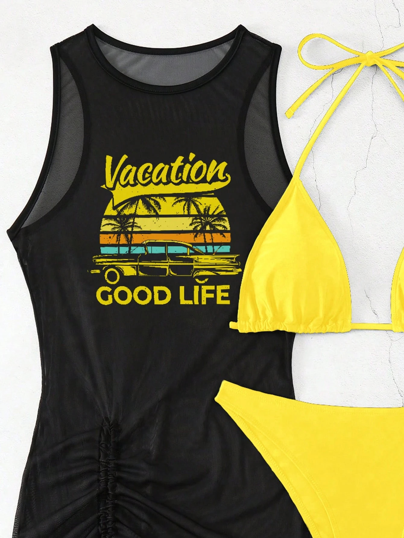 Women Beach Print Cover-Up, Bra And Briefs Bikini Set 