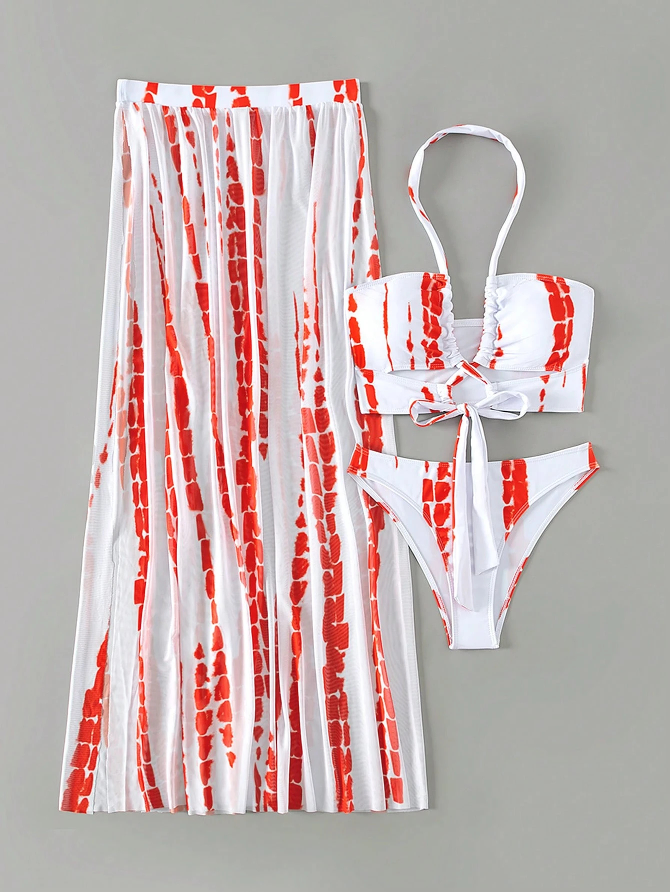 Swim Summer Beach Tie Dye Halter Bikini Set With Beach Skirt
