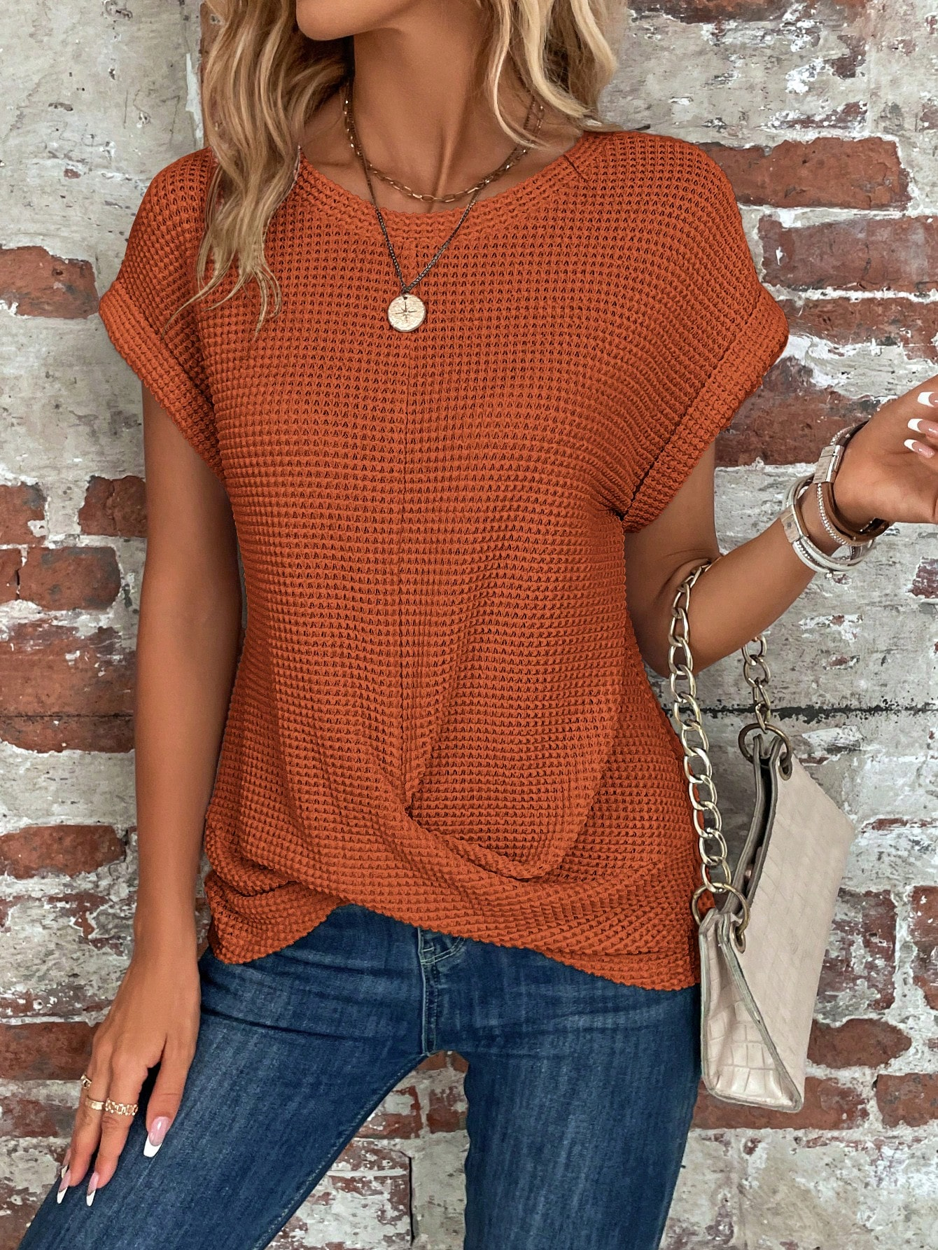 Solid Batwing Sleeve Cross Wrap Hem Tee