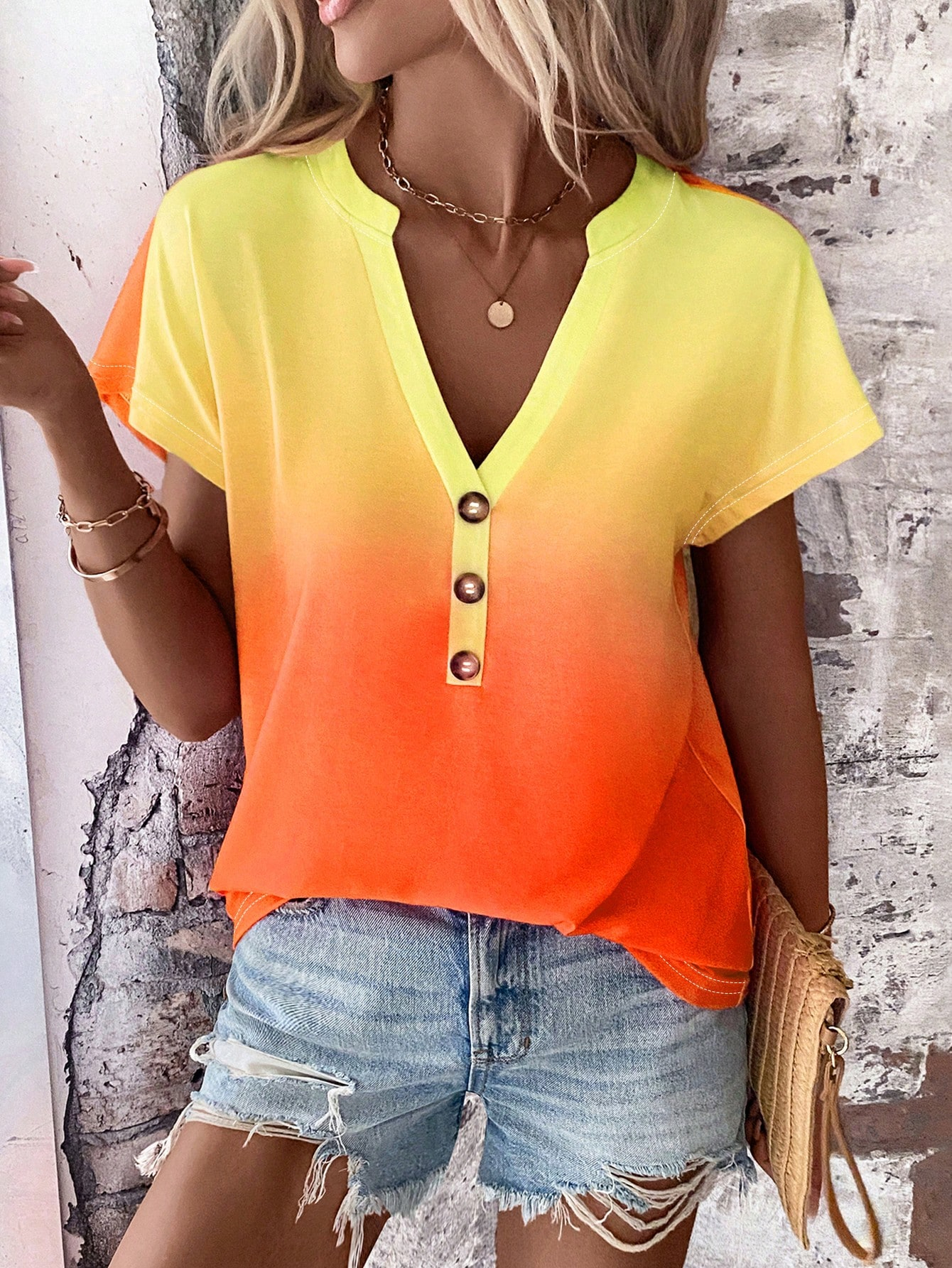 Ombre Button Detail Batwing Sleeve Tee