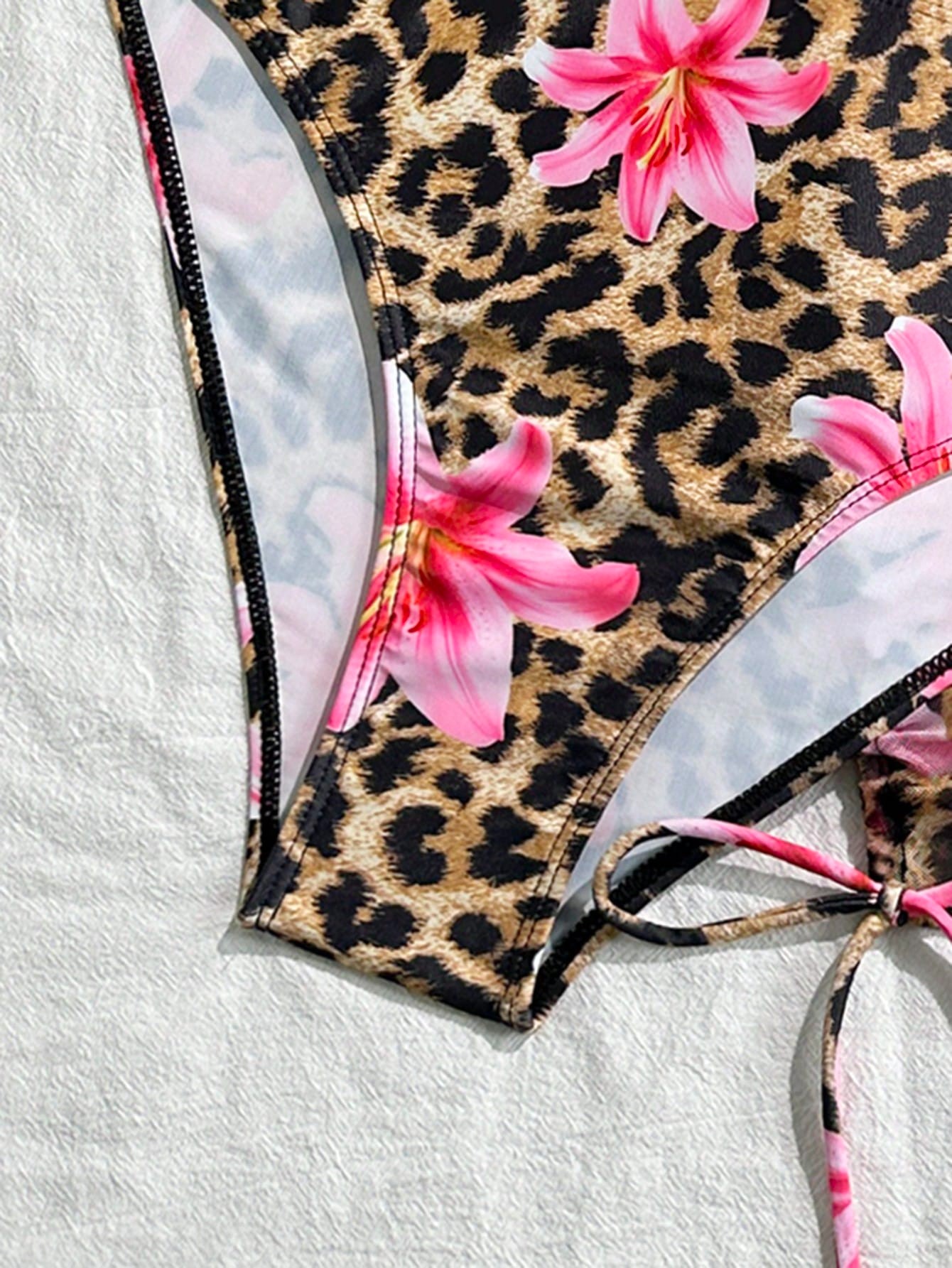 3pcs/Set Women's Sexy Leopard Print Halter Triangle Top, Mesh Sarong And Self-Tie Side Bikini Swimsuit