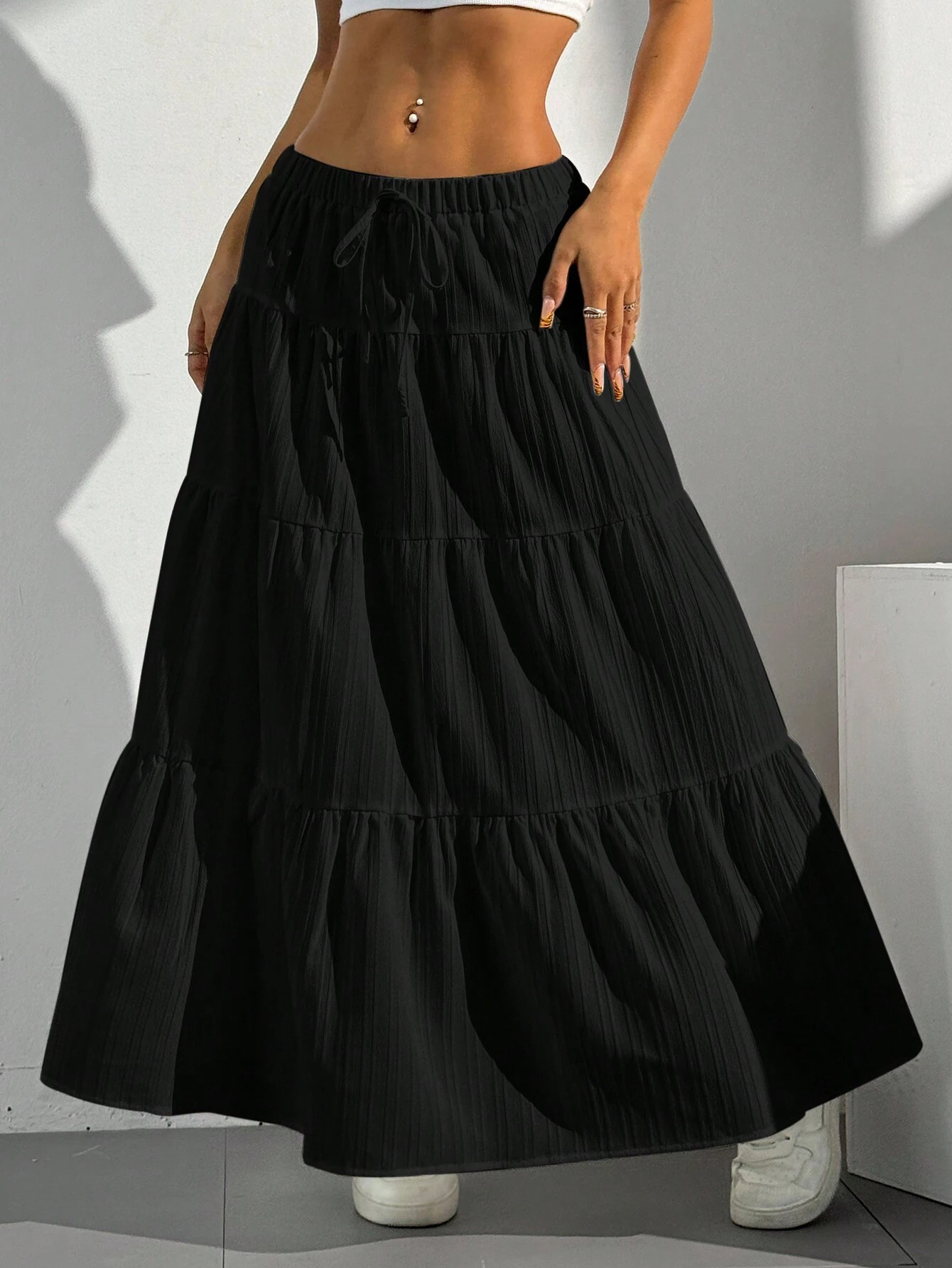 Women Solid Color High Waist Tie Ruffled Hem Maxi Skirt