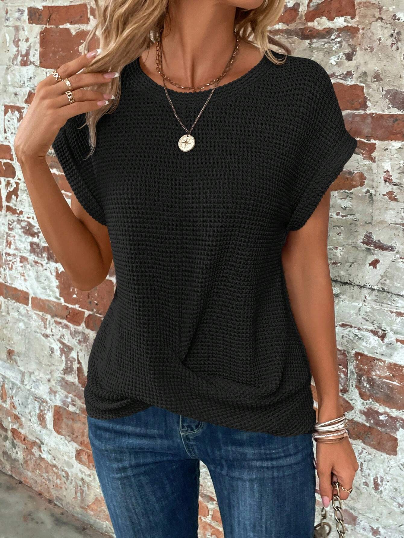 Solid Batwing Sleeve Cross Wrap Hem Tee
