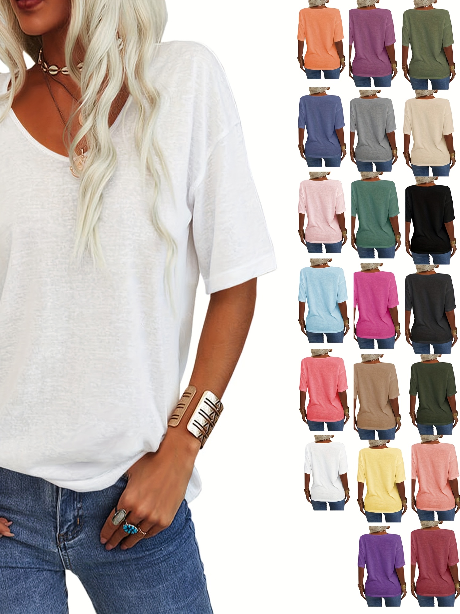 Women's Summer T Shirt Summer Fashion Women's V-neck Half Sleeves Solid Casual Loose Basic T Shirt Tunics Tops