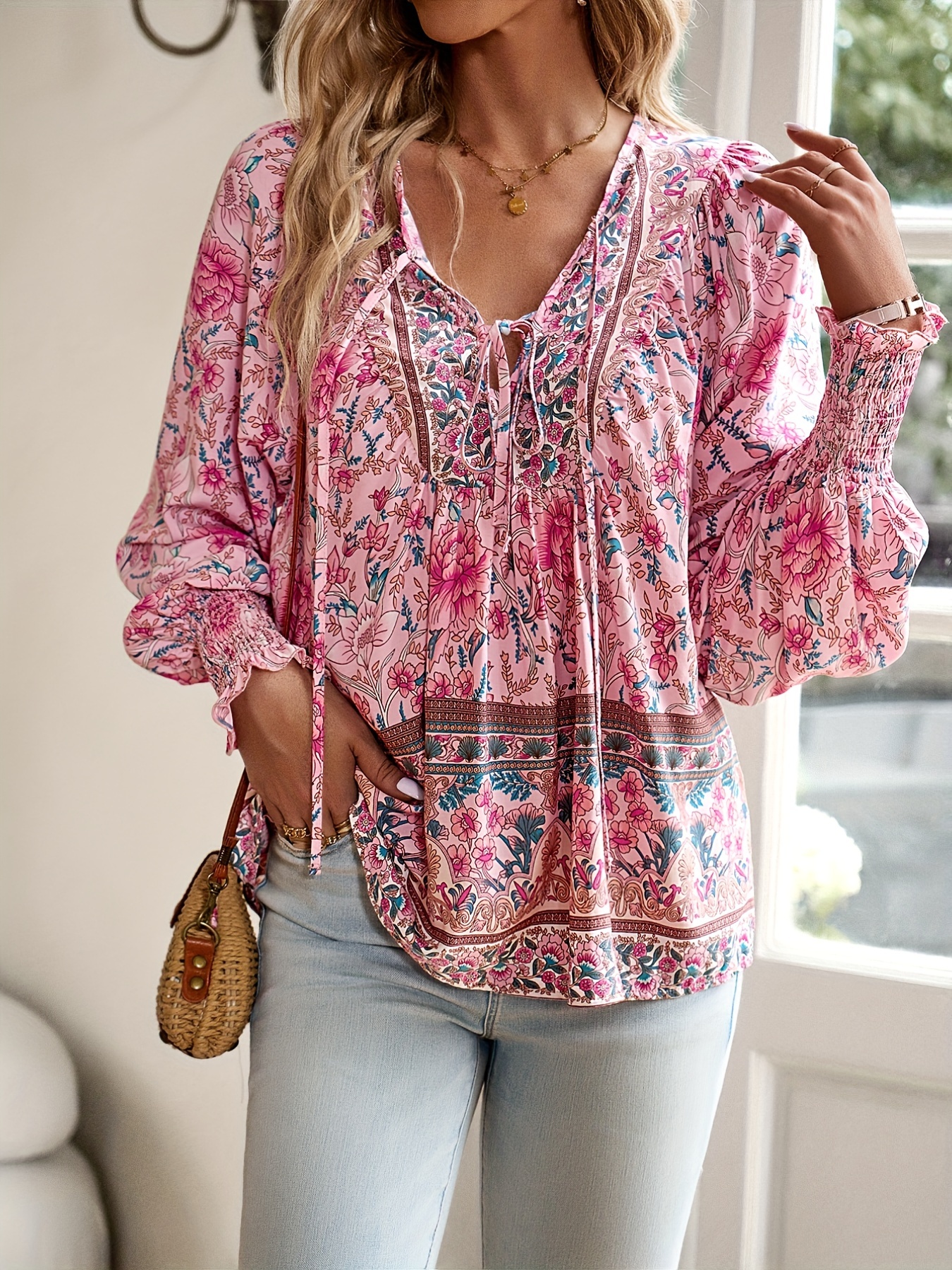 Casual Floral Print V Neck Blouse