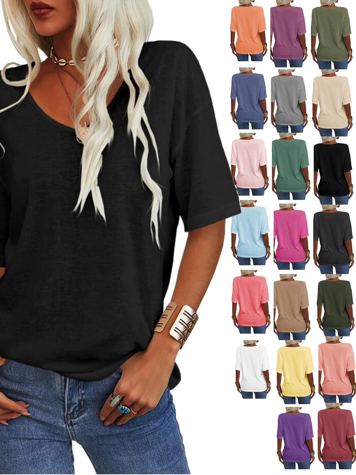 Women's Summer T Shirt Summer Fashion Women's V-neck Half Sleeves Solid Casual Loose Basic T Shirt Tunics Tops