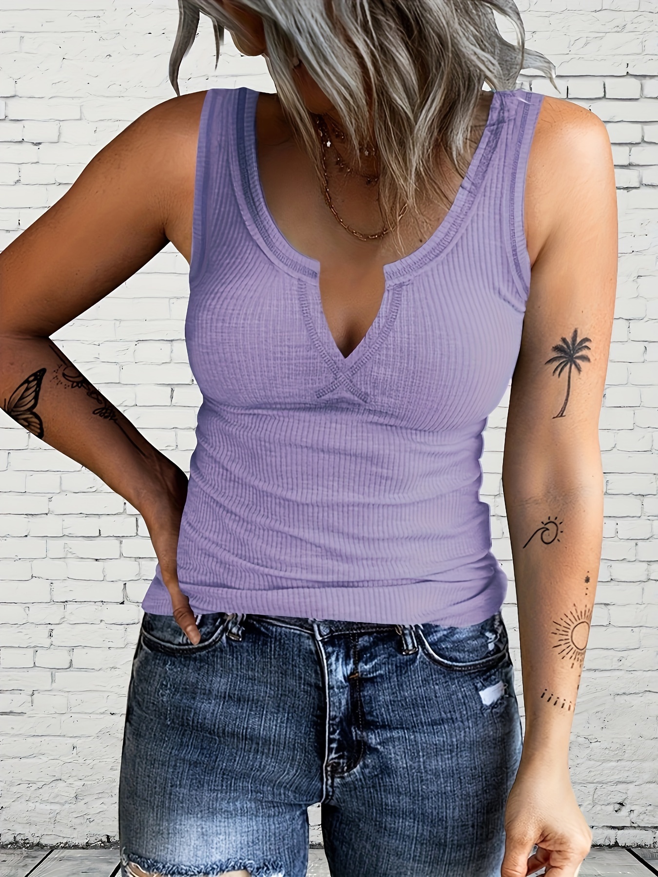 Summer solid color notch neck sleeveless vest for women