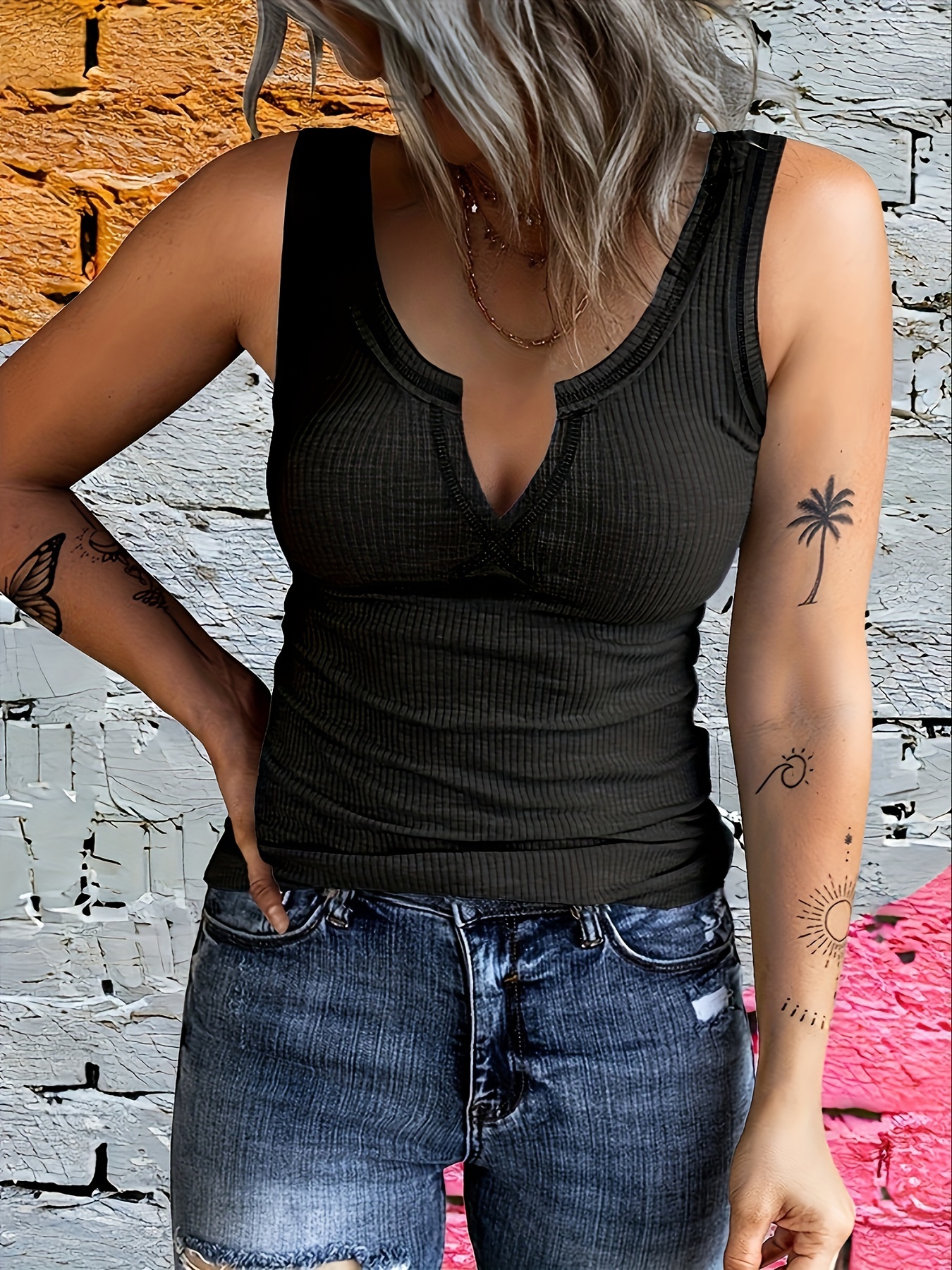 Summer solid color notch neck sleeveless vest for women