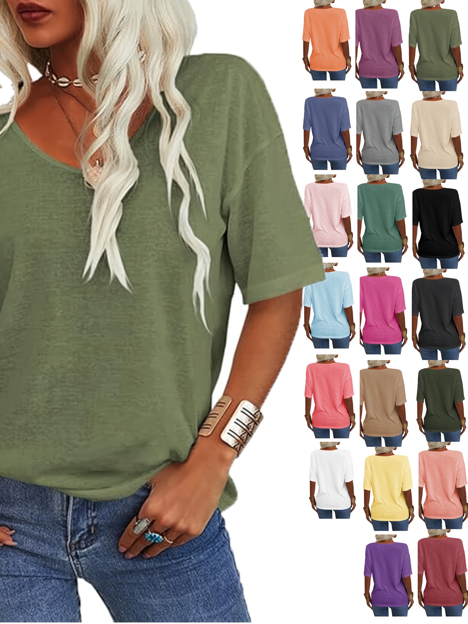 Women's Summer T Shirt Summer Fashion Women's V-neck Half Sleeves Solid Casual Loose Basic T Shirt Tunics Tops