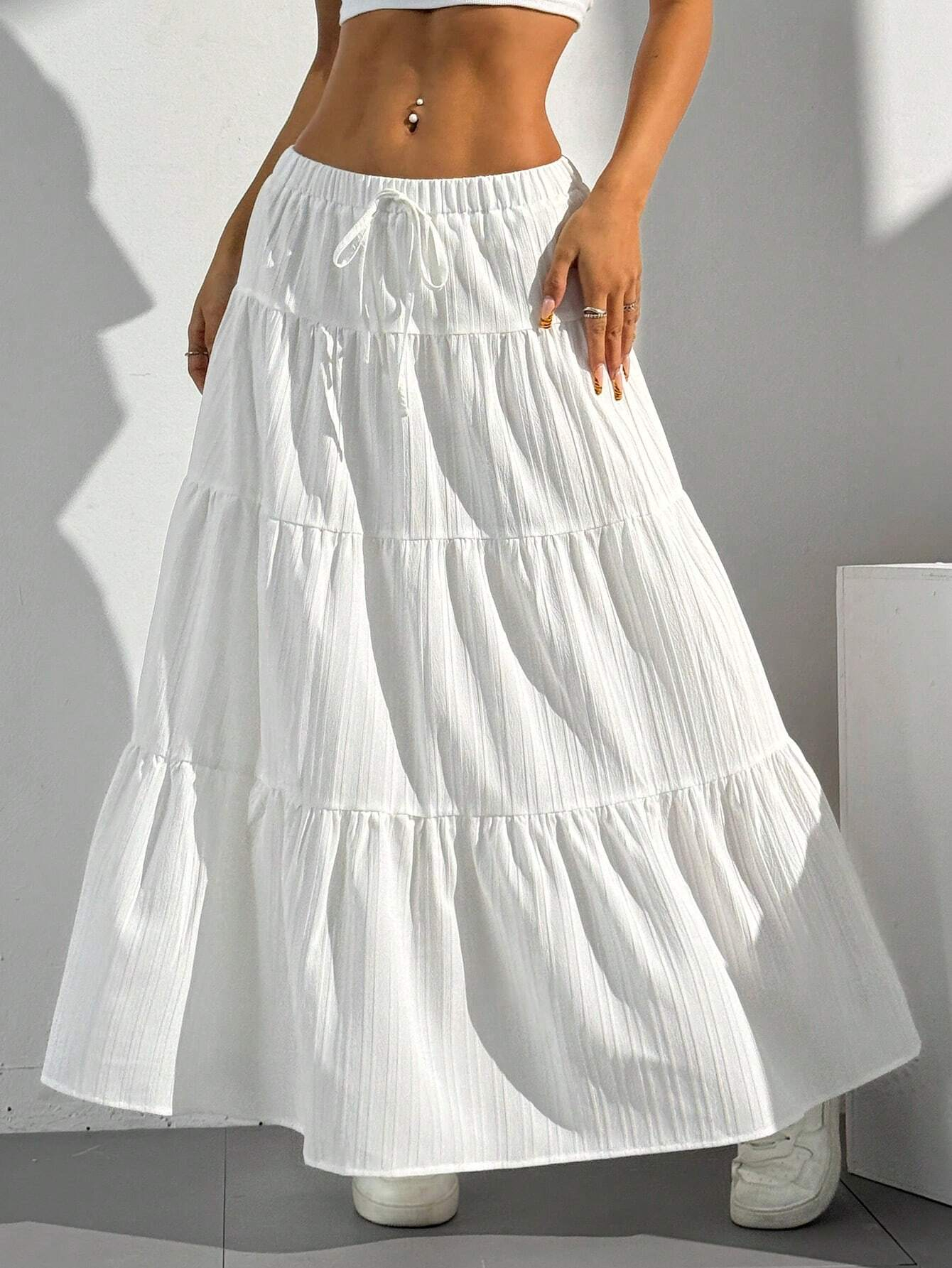 Women Solid Color High Waist Tie Ruffled Hem Maxi Skirt