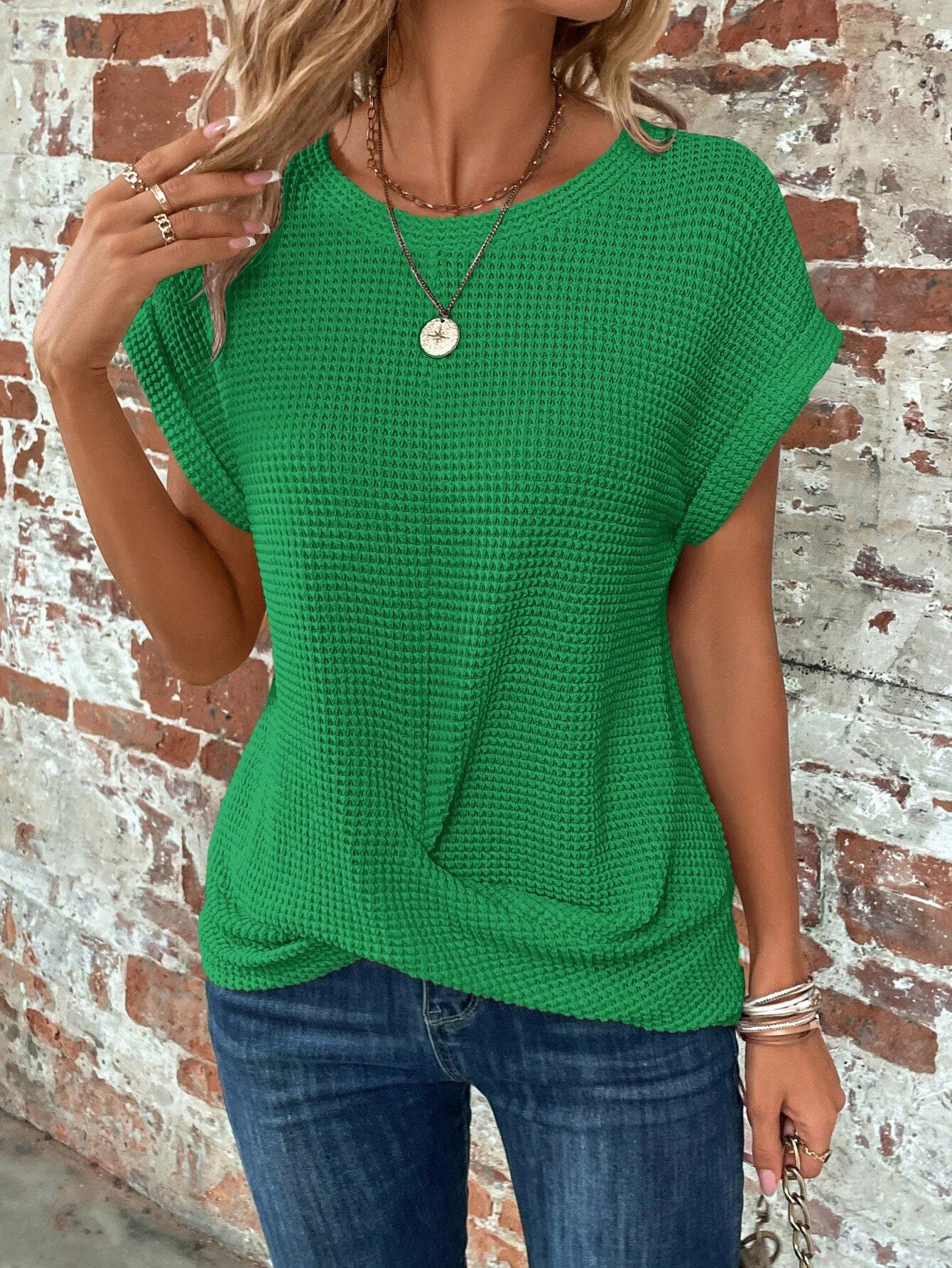 Solid Batwing Sleeve Cross Wrap Hem Tee