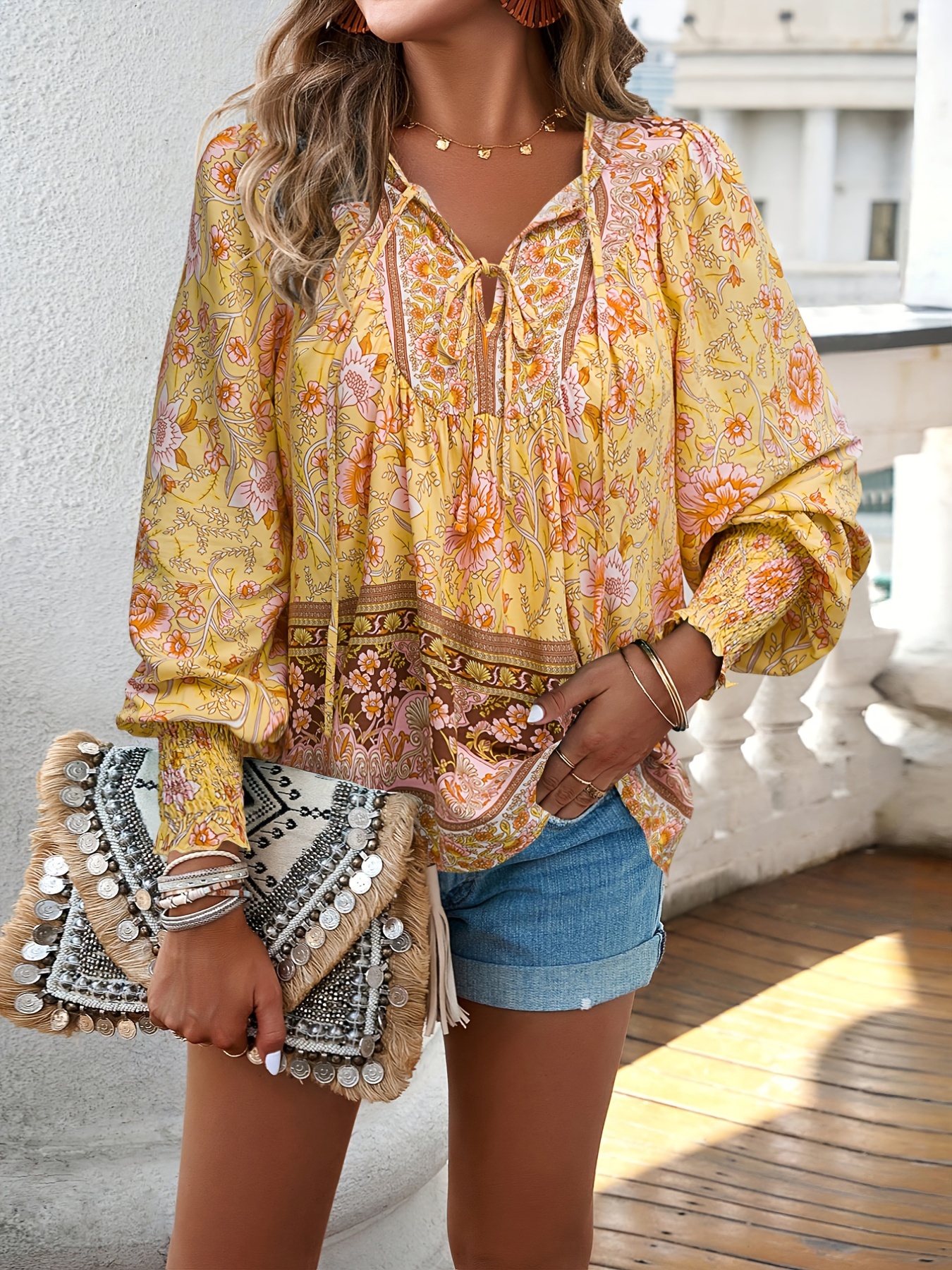 Casual Floral Print V Neck Blouse