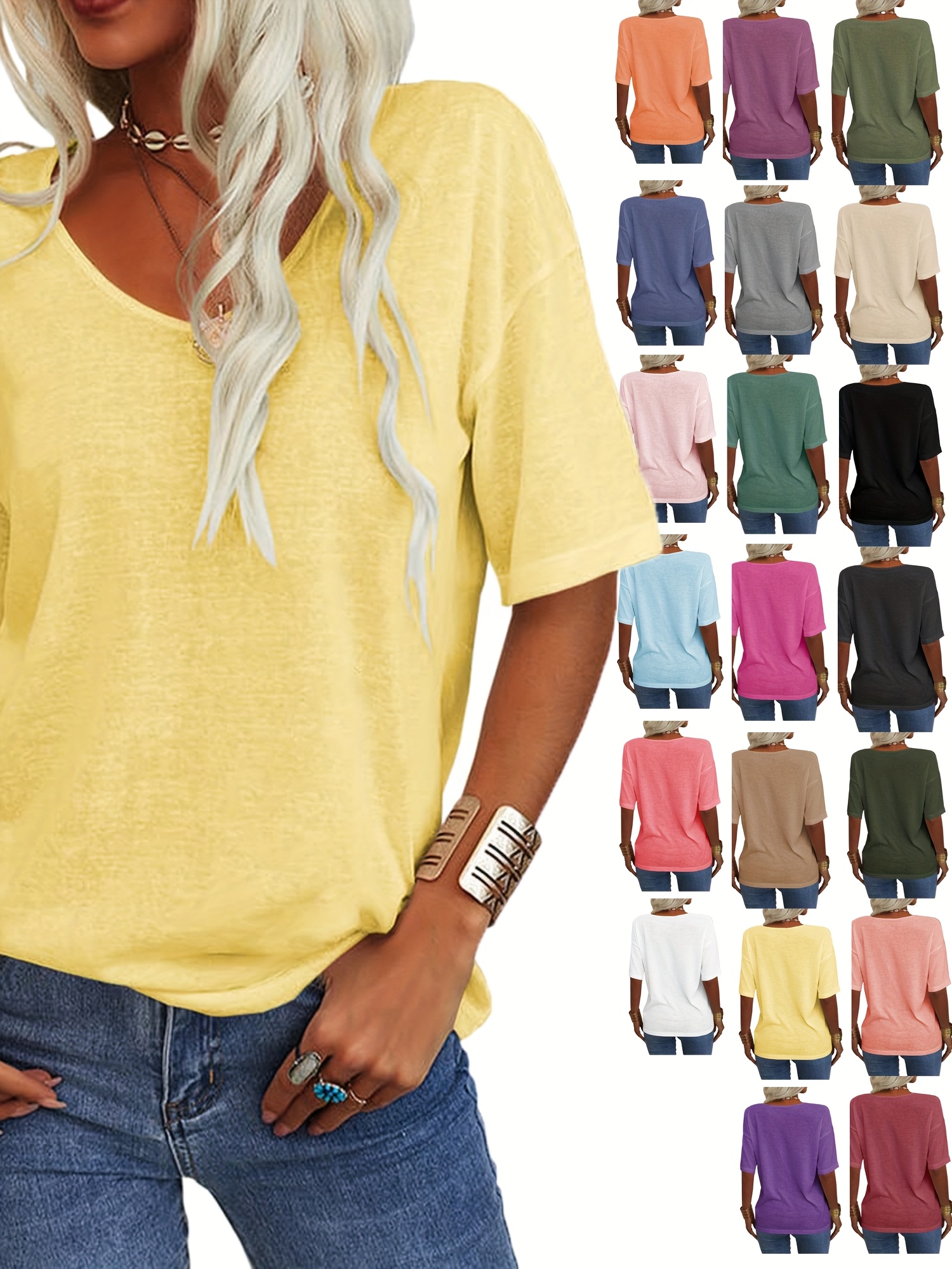 Women's Summer T Shirt Summer Fashion Women's V-neck Half Sleeves Solid Casual Loose Basic T Shirt Tunics Tops