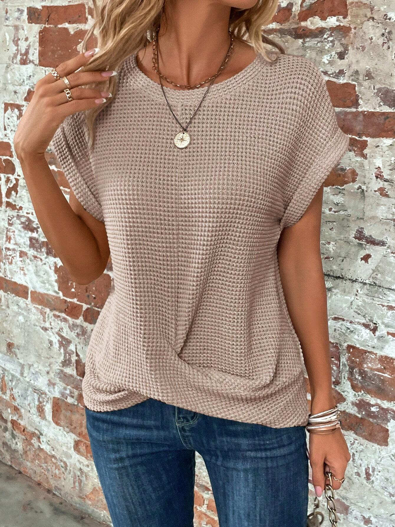 Solid Batwing Sleeve Cross Wrap Hem Tee