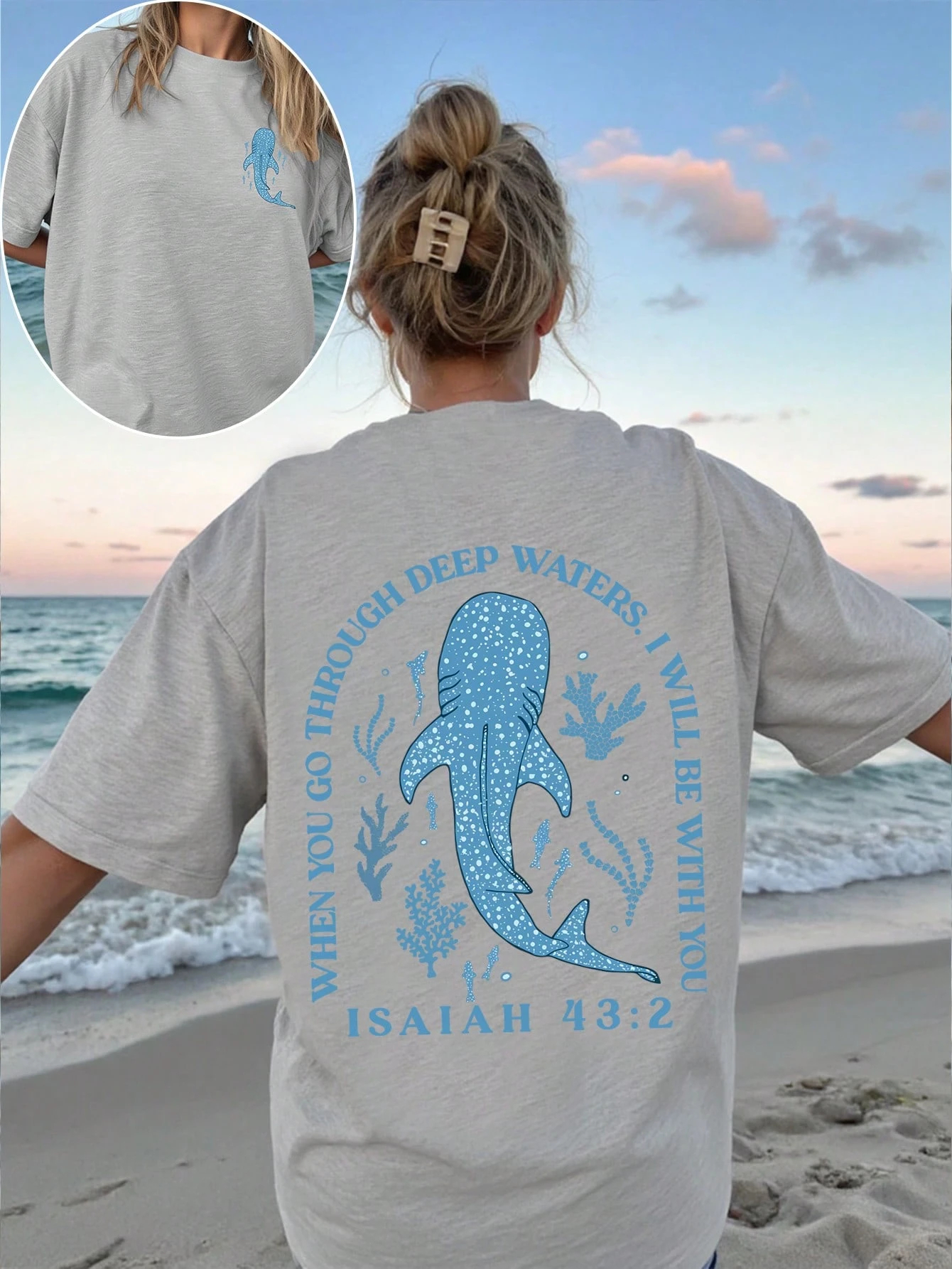 Women Loose Fit Round Neck Whale Slogan Contrast Color Graphic T-Shirt