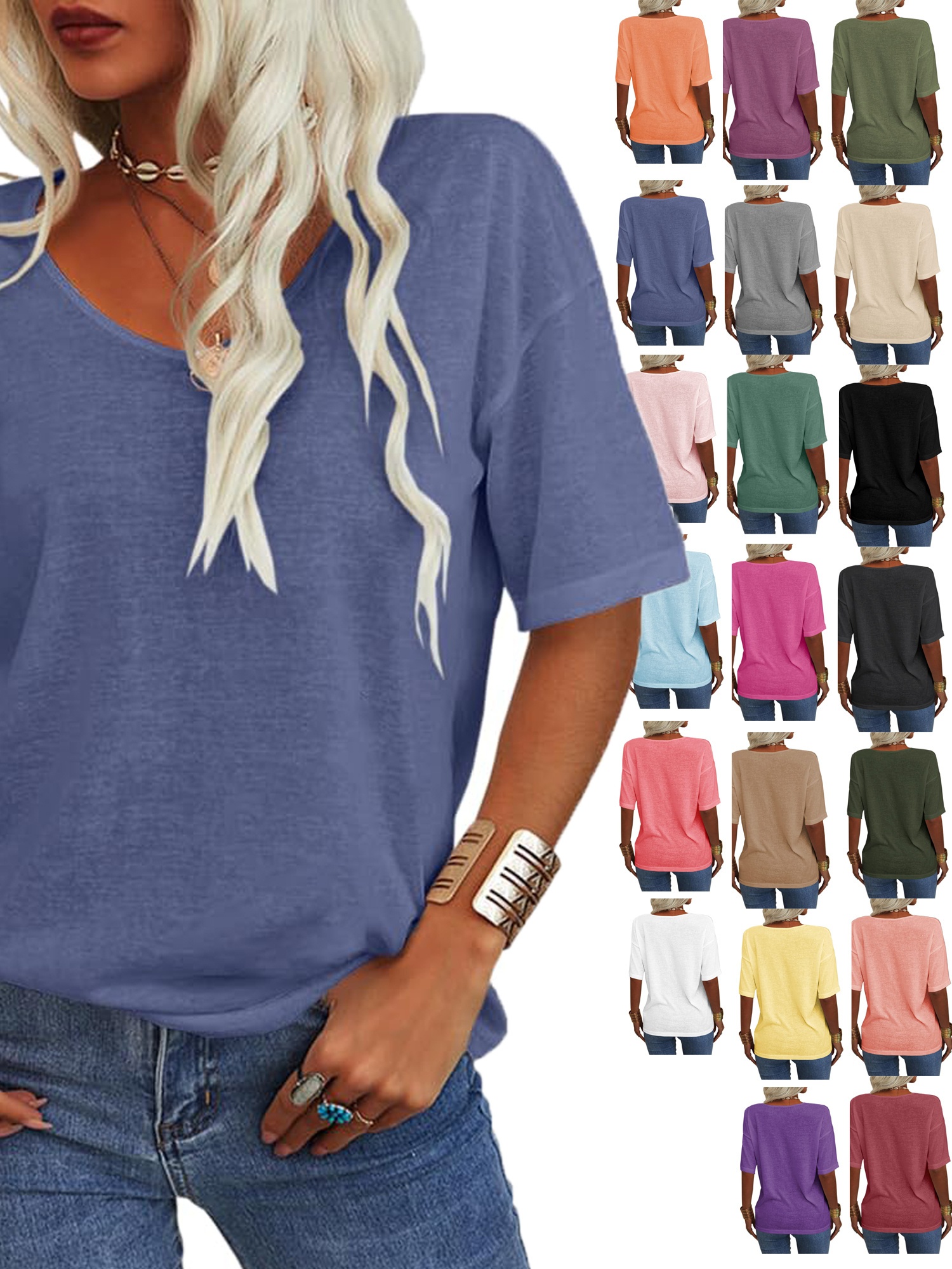 Women's Summer T Shirt Summer Fashion Women's V-neck Half Sleeves Solid Casual Loose Basic T Shirt Tunics Tops