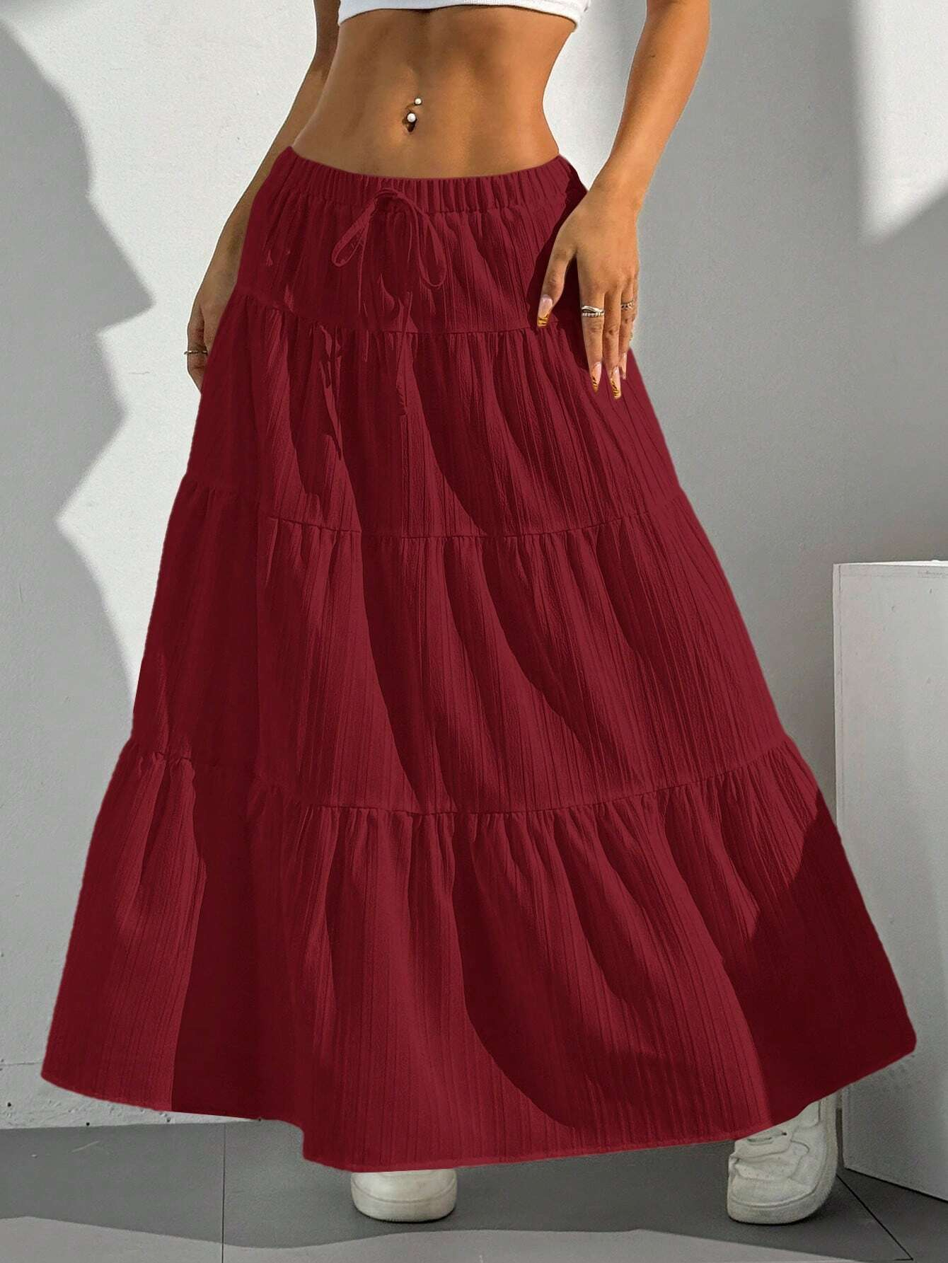 Women Solid Color High Waist Tie Ruffled Hem Maxi Skirt