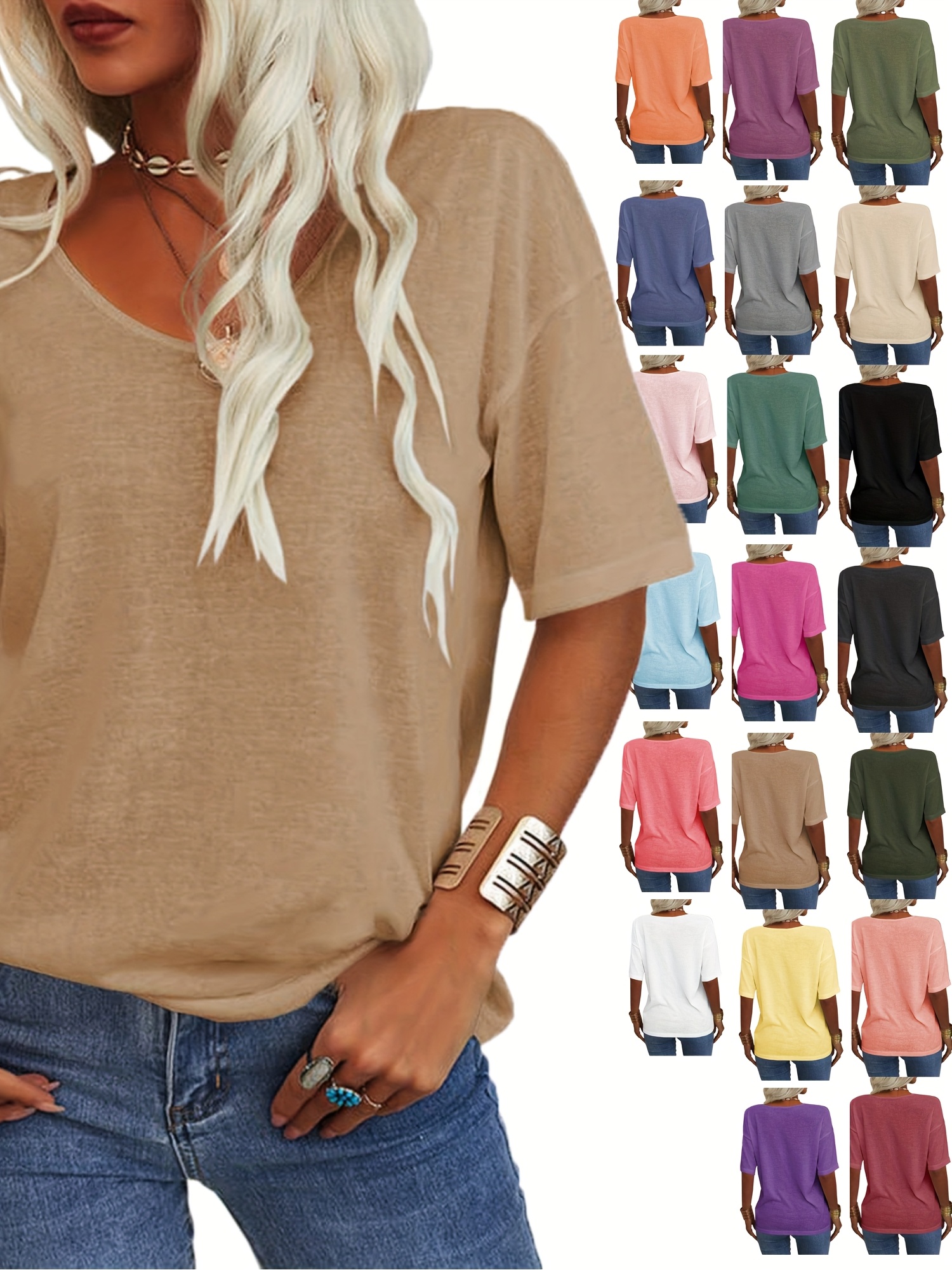 Women's Summer T Shirt Summer Fashion Women's V-neck Half Sleeves Solid Casual Loose Basic T Shirt Tunics Tops