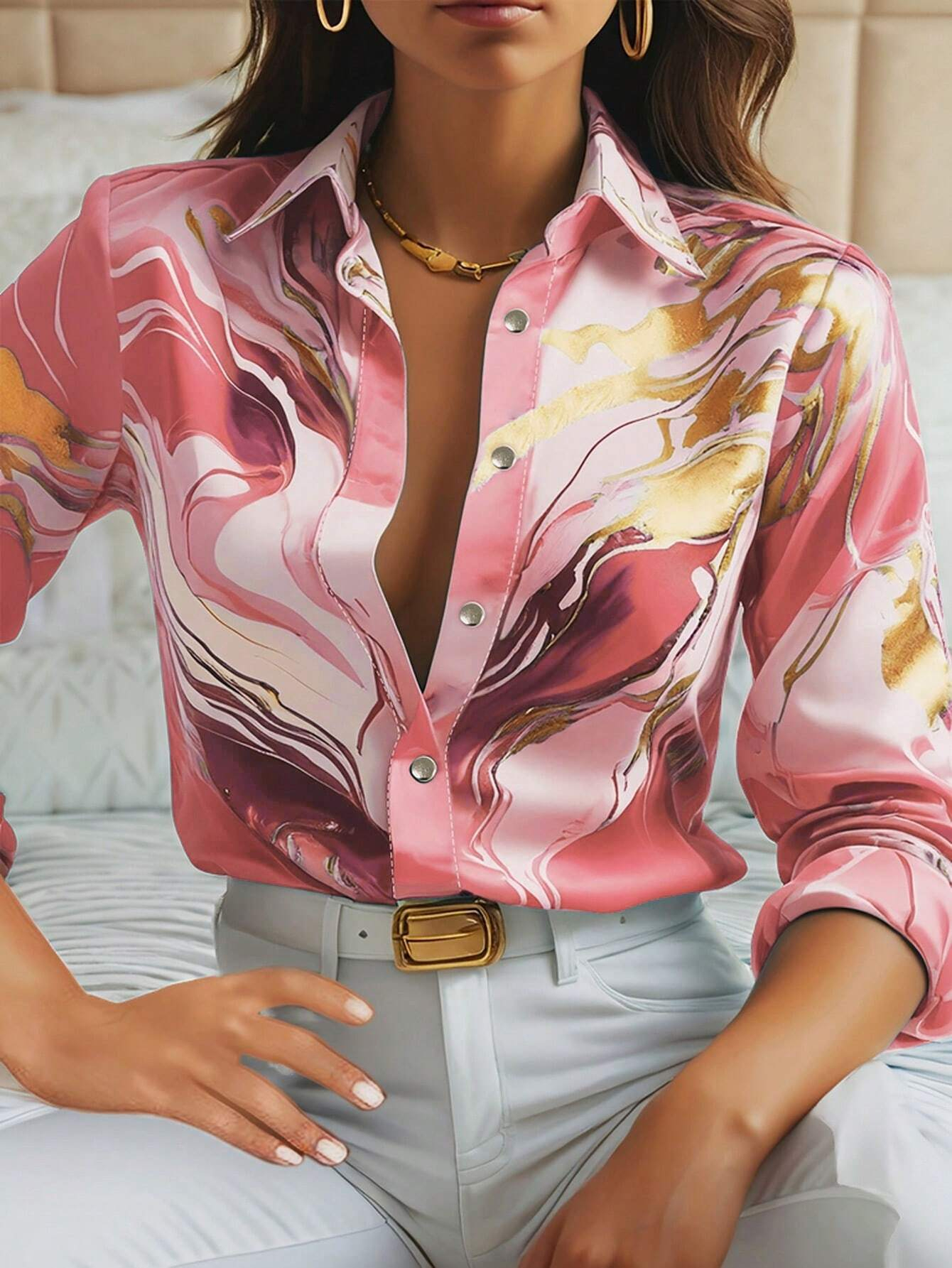 Women's Button-Down Long Sleeve Golden Retro Fashion Mature Shirt