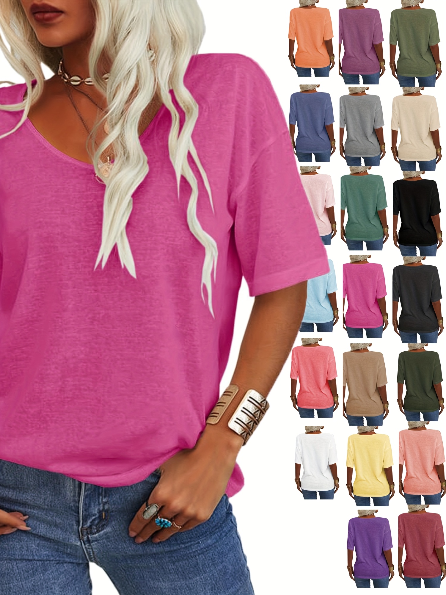 Women's Summer T Shirt Summer Fashion Women's V-neck Half Sleeves Solid Casual Loose Basic T Shirt Tunics Tops