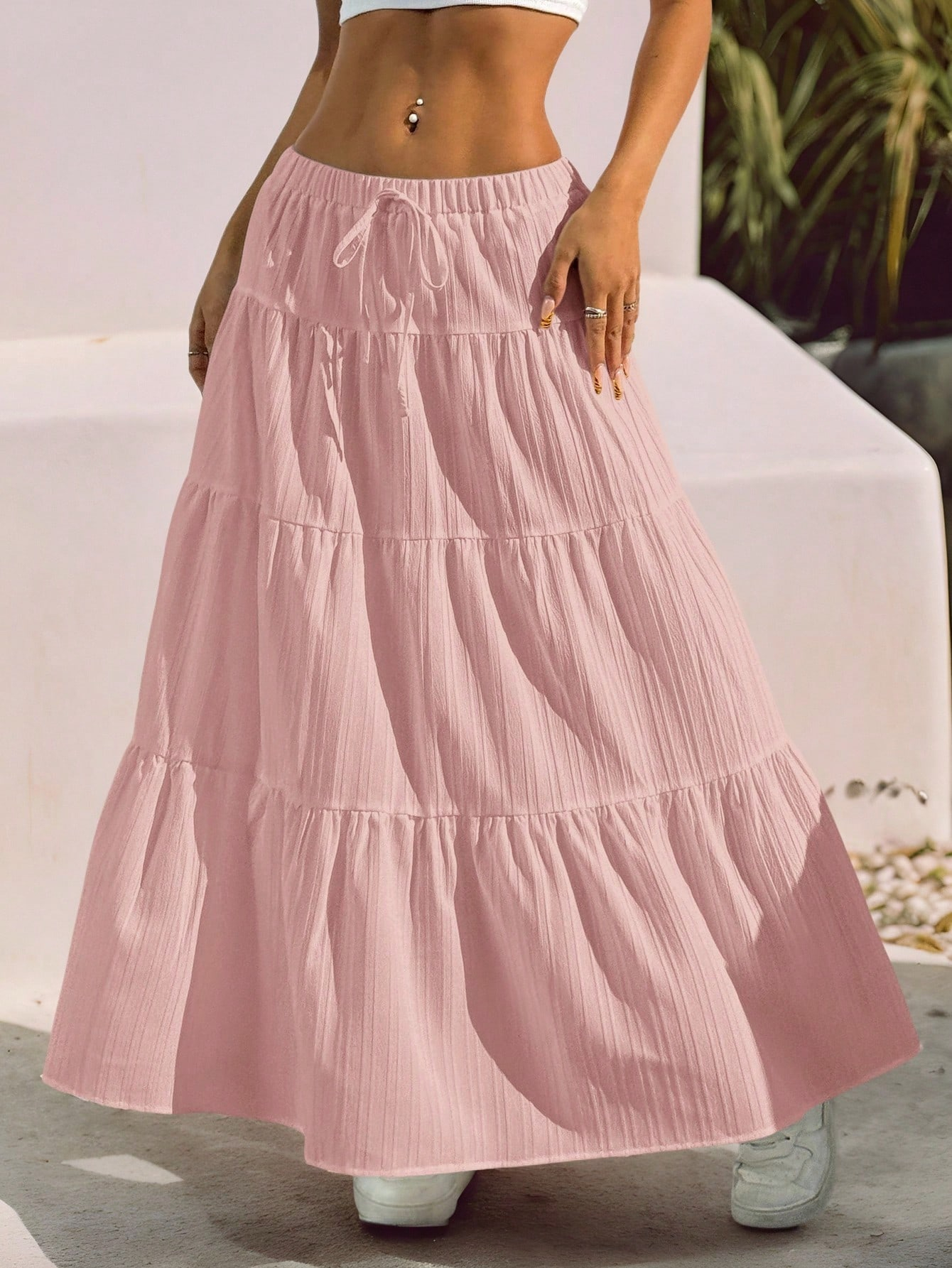 Women Solid Color High Waist Tie Ruffled Hem Maxi Skirt